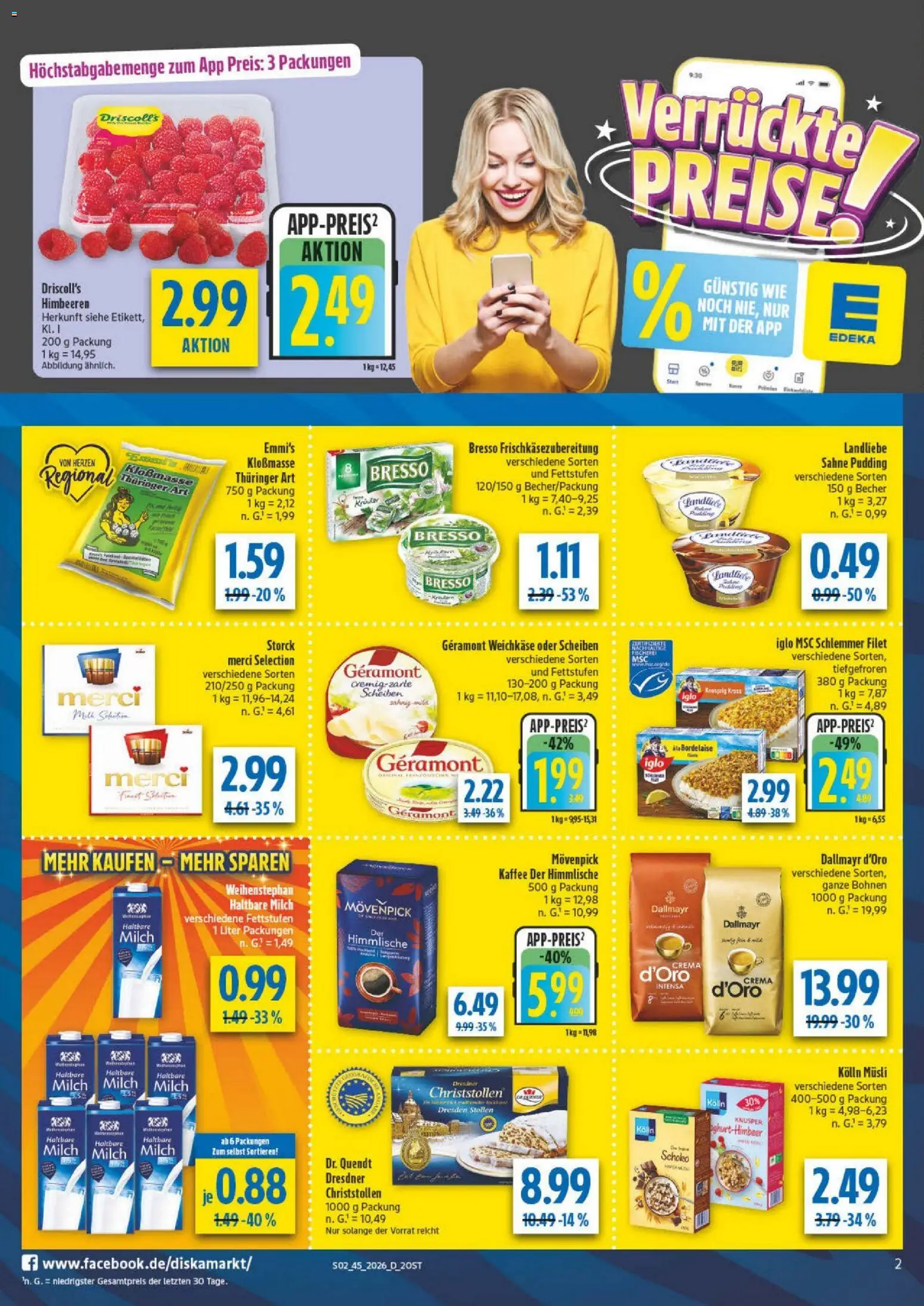 Vorschau von dem Prospekt des Geschäftes Diska, gültig ab dem 02.11.2026 - Himbeeren, Sahne, Pudding, Iglo, Geramont, Haltbare milch, Bresso, Kolln