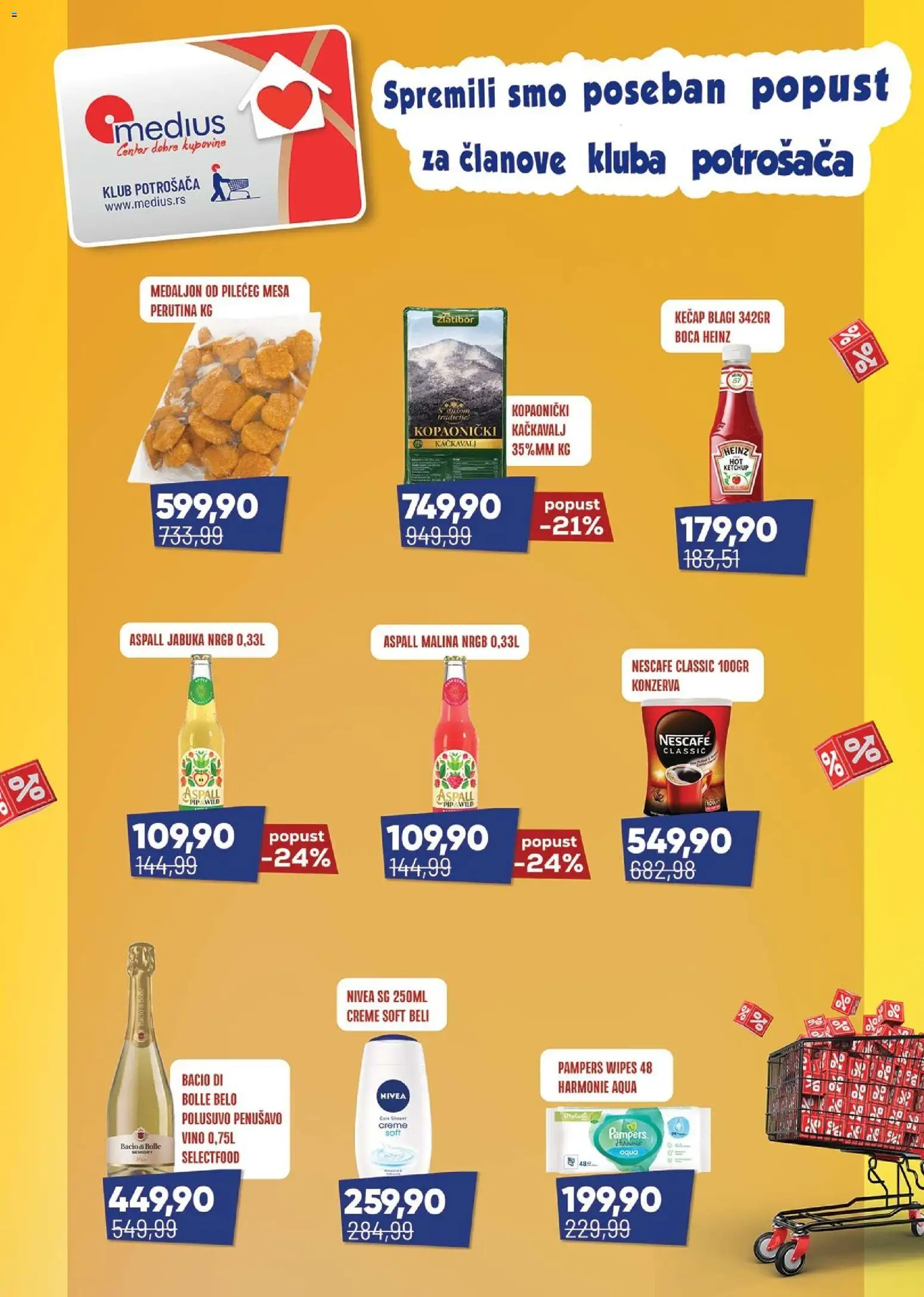 Pregled Medius kataloga - važi od 18.05.2026 - Nescafé, Malina, Vino, Kačkavalj, Pampers, Nivea, Heinz, Kečap