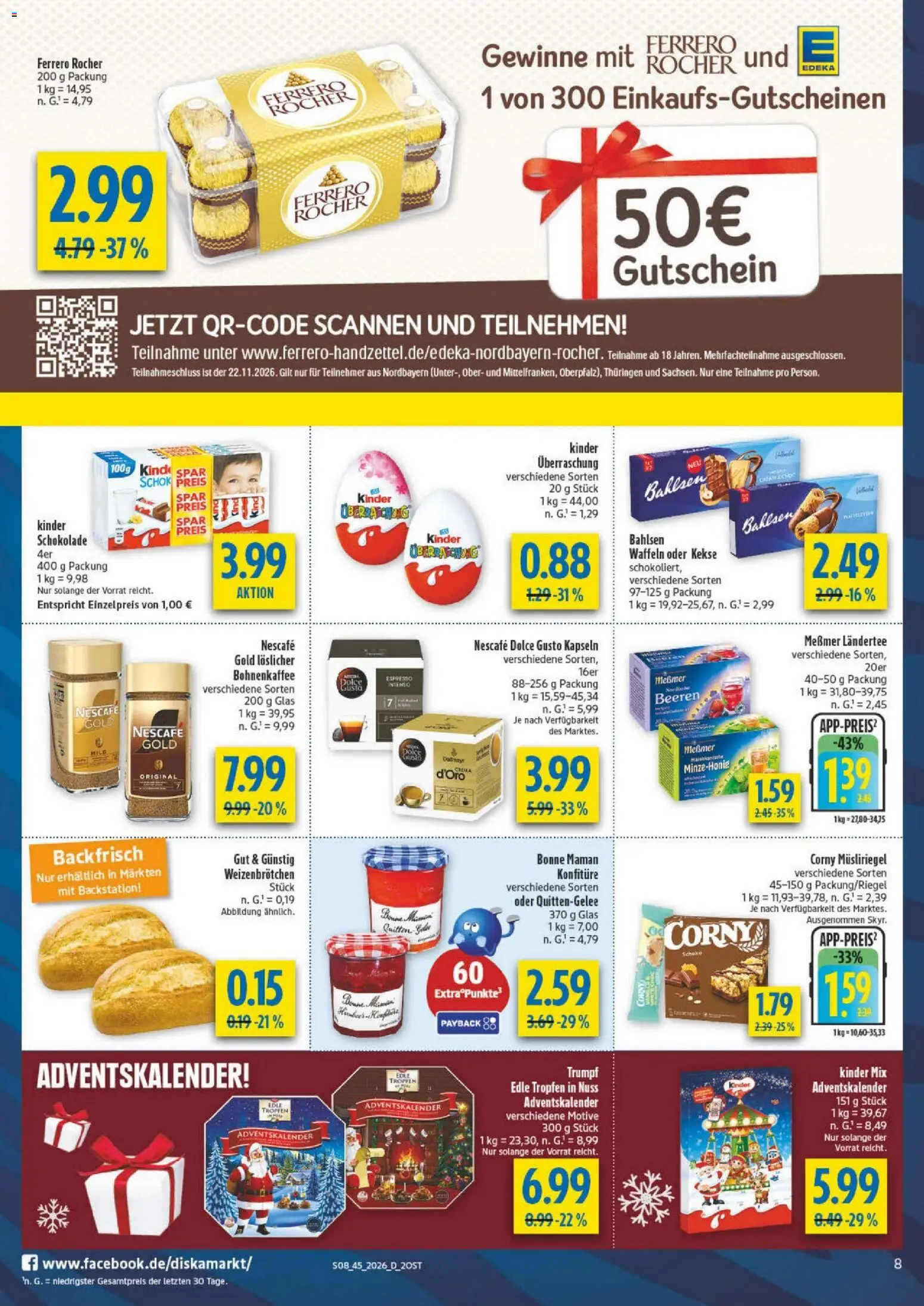Vorschau von dem Prospekt des Geschäftes Diska, gültig ab dem 02.11.2026 - Schokolade, Waffeln, Dolce gusto, Ferrero rocher, Kekse, Dolce Gusto kapseln, Nescafe, Messmer