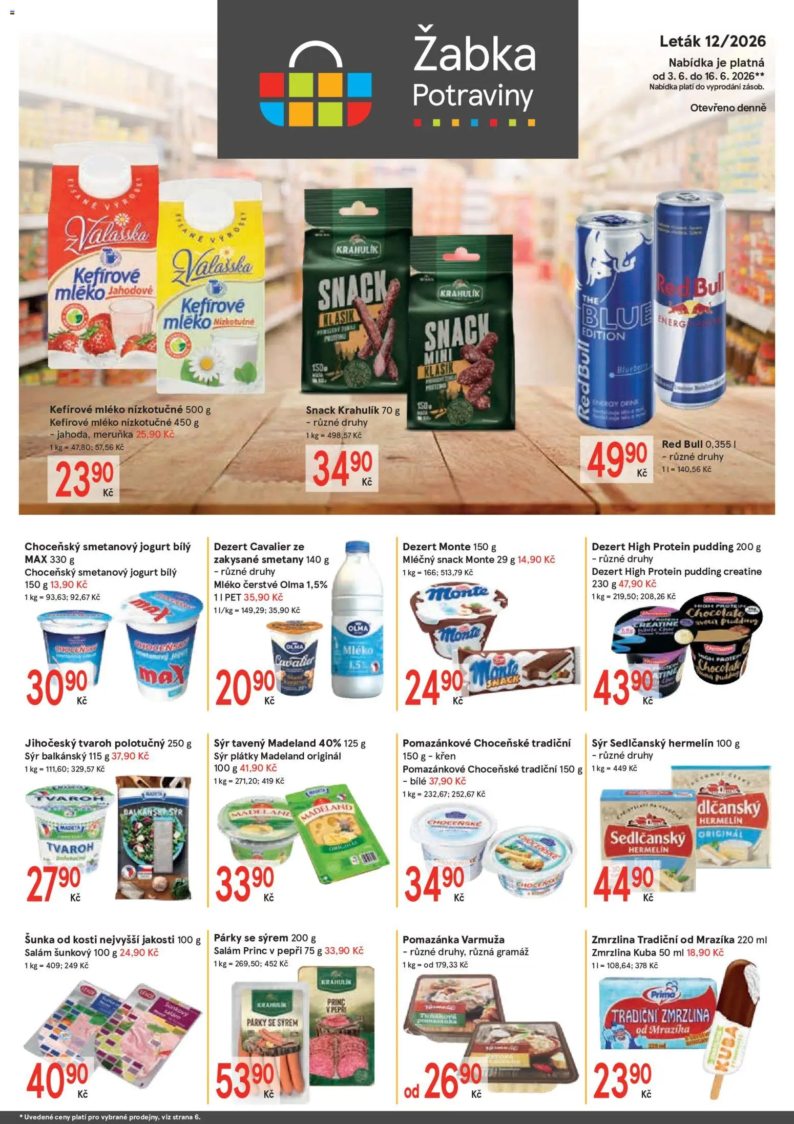Náhled nabídky: Žabka Žabka leták platný od 03.06.2026 - Red Bull, Dezert, Jogurt, Salám, Kefírové mléko, Šunka od kosti, Protein pudding, High protein pudding
