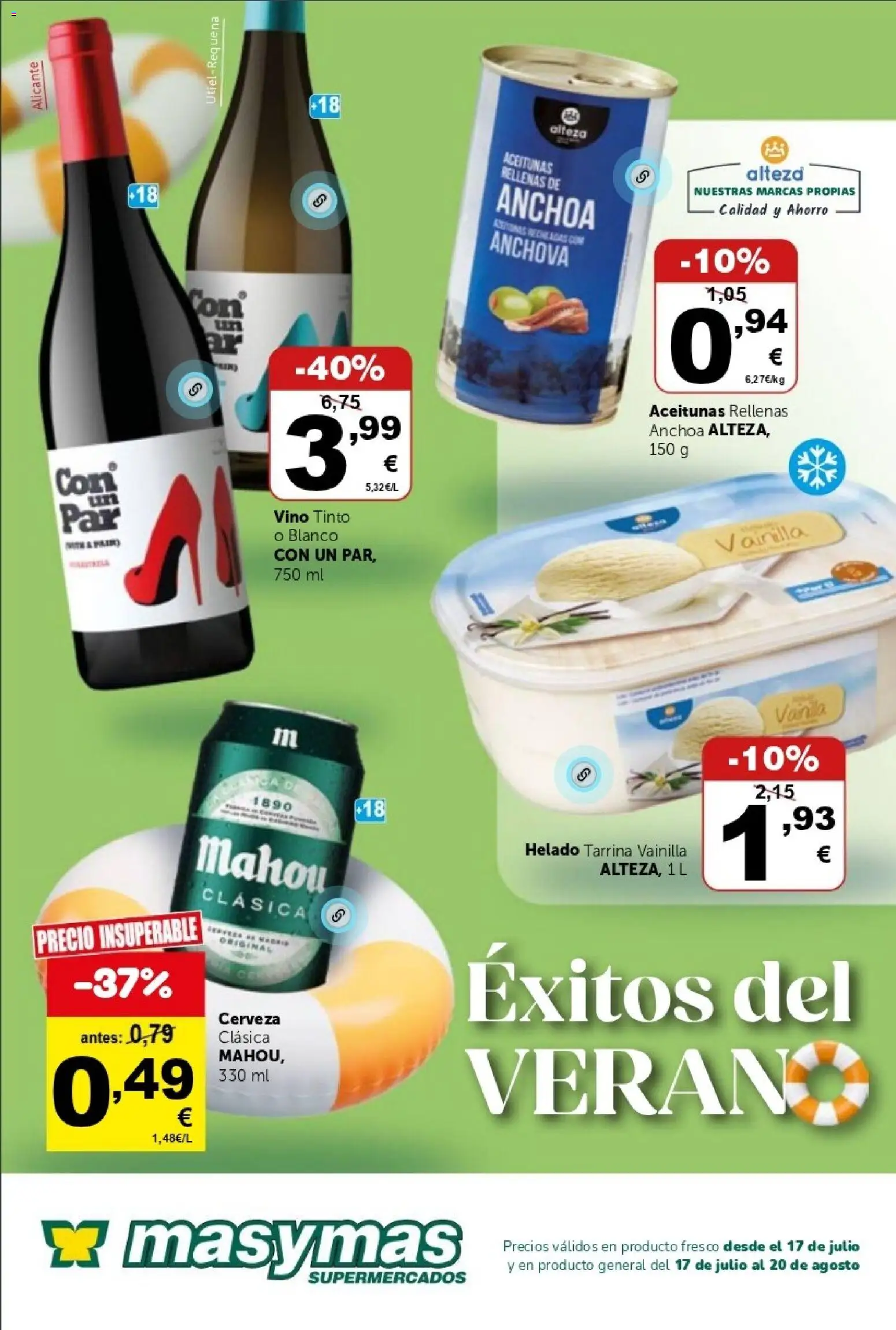 Vista previa del folleto de la tienda Masymas válido desde el 17/07/2026 - Helado, Vino, Cerveza, Vino tinto, Aceitunas, Anchoa, Vainilla, General