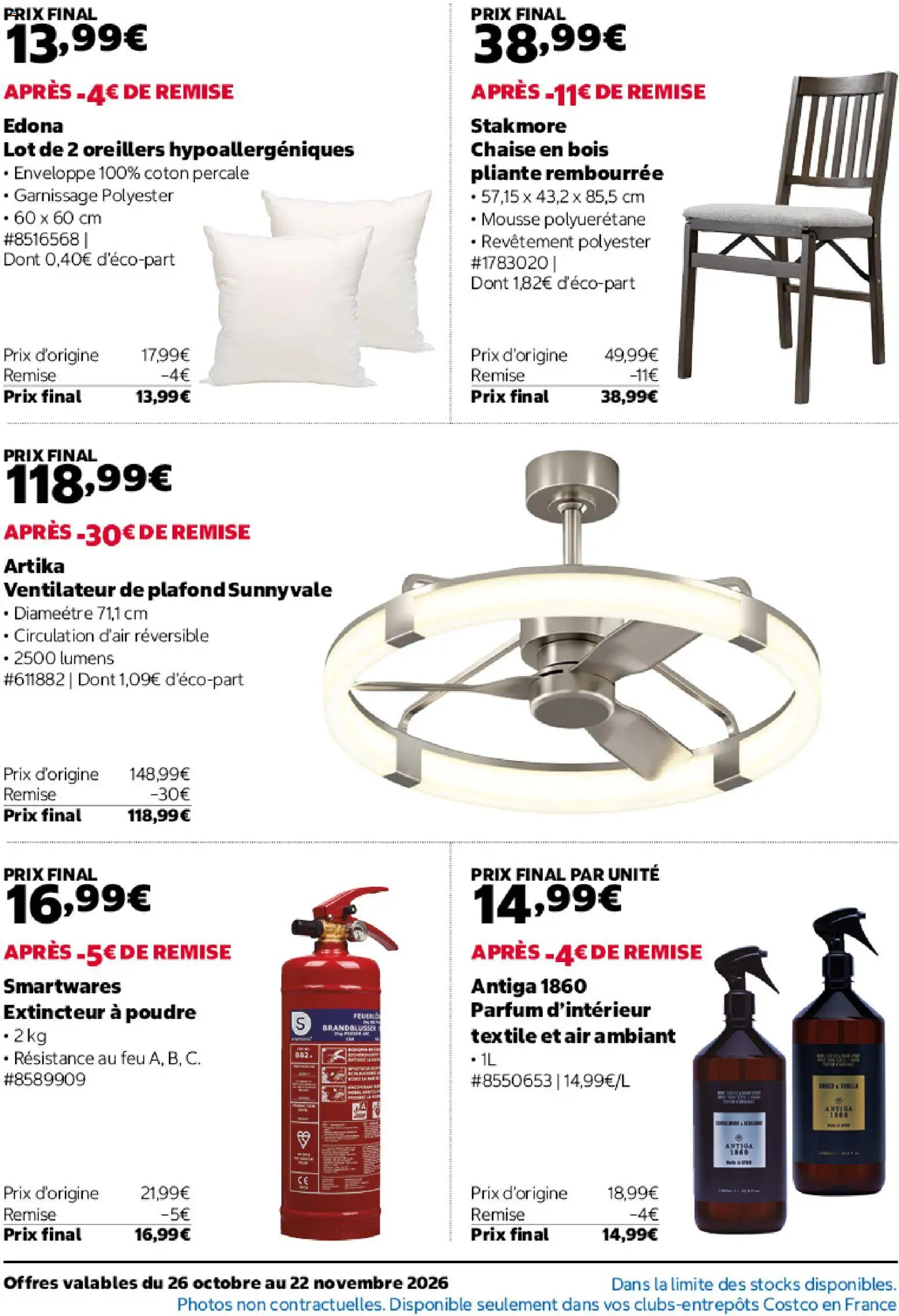 Prévisualisation de Costco catalogue du magasin Costco formulaire valide 26/10/2026 - Ventilateur, Parfum, Chaise, Oreillers, Extincteur, Coton, Ventilateur de plafond, Poudre