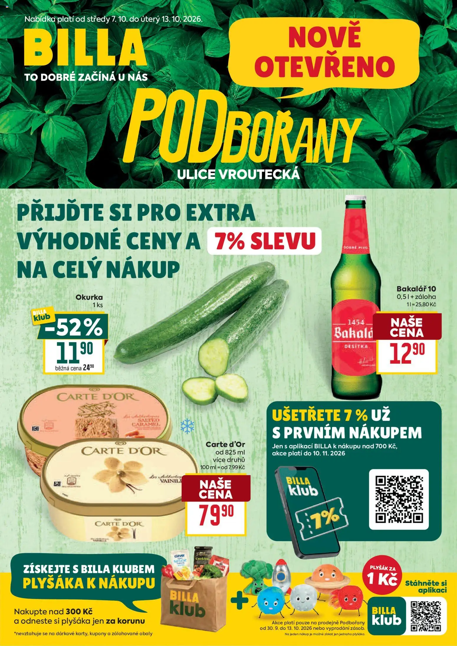 Náhled nabídky: Billa Billa leták - Podbořany platný od 07.10.2026 - Bakalář, Cookies, Plyšák, Okurka, Clever, Carte d'or