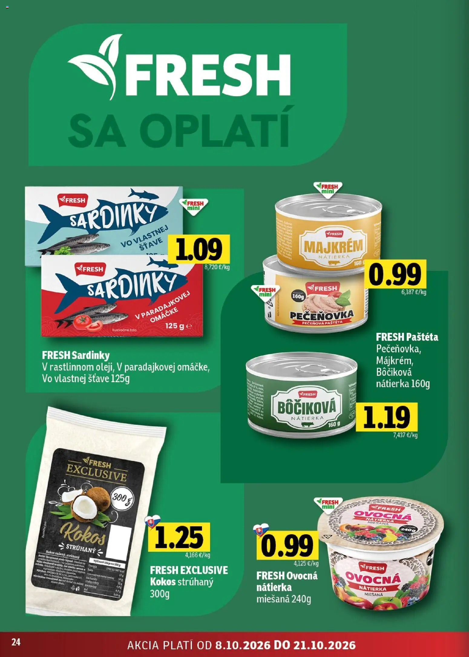 Náhľad Fresh letáku platného od 08.10.2026 - Kokos, Sardinky, Nátierka, Paštéta