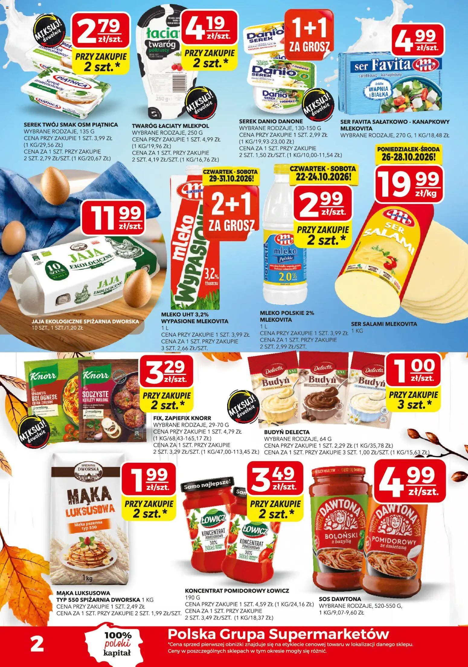 Pogląd gazetki "Top Market gazetka mini" ze sklepu Top Market ważnej od 22.10.2026 - Spaghetti bolognese, Mleko, Spaghetti, Bazylia, Piątnica, Budyń, Koncentrat pomidorowy, Mleko UHT