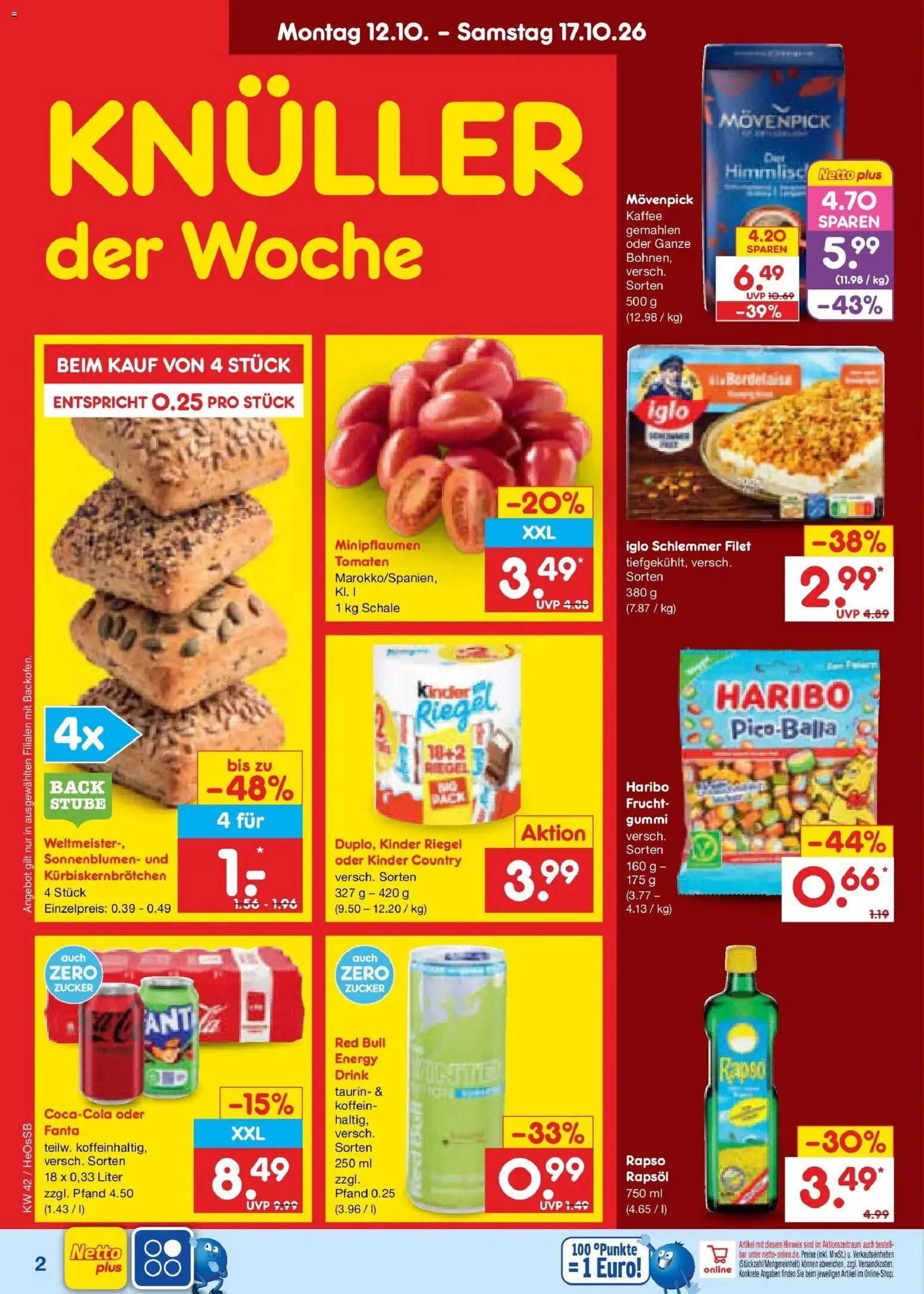 Vorschau von dem Prospekt des Geschäftes Netto Marken-Discount, gültig ab dem 12.10.2026 - Haribo, Fanta, Energy, Rapsöl, Tomaten, Iglo, Kinder riegel, Kinder country