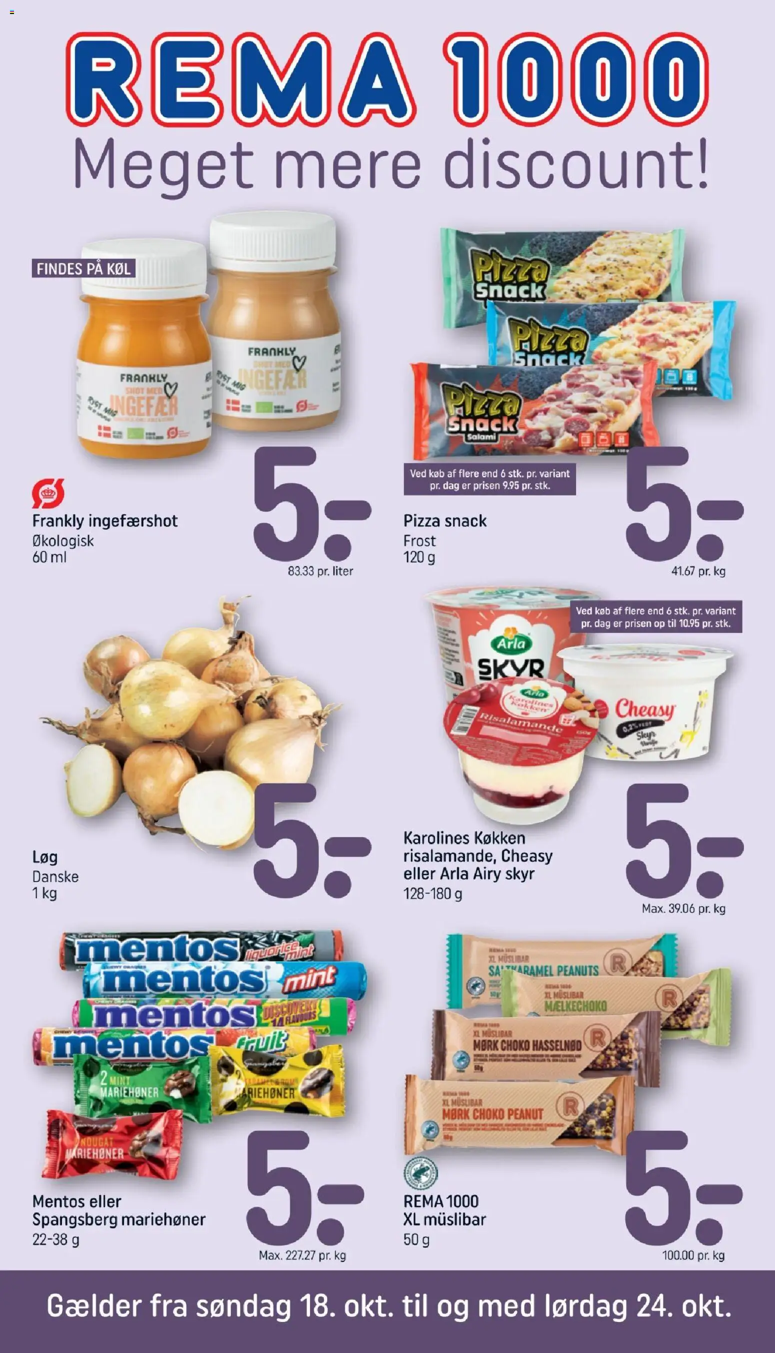 Eksempel på tilbudsavis Rema 1000 - Tilbudsavis Uge 43 fra butik Rema 1000 gyldig fra 18/10/2026 - Pizza, Risalamande, Ingefærshot, Skyr, Peanuts, Salami