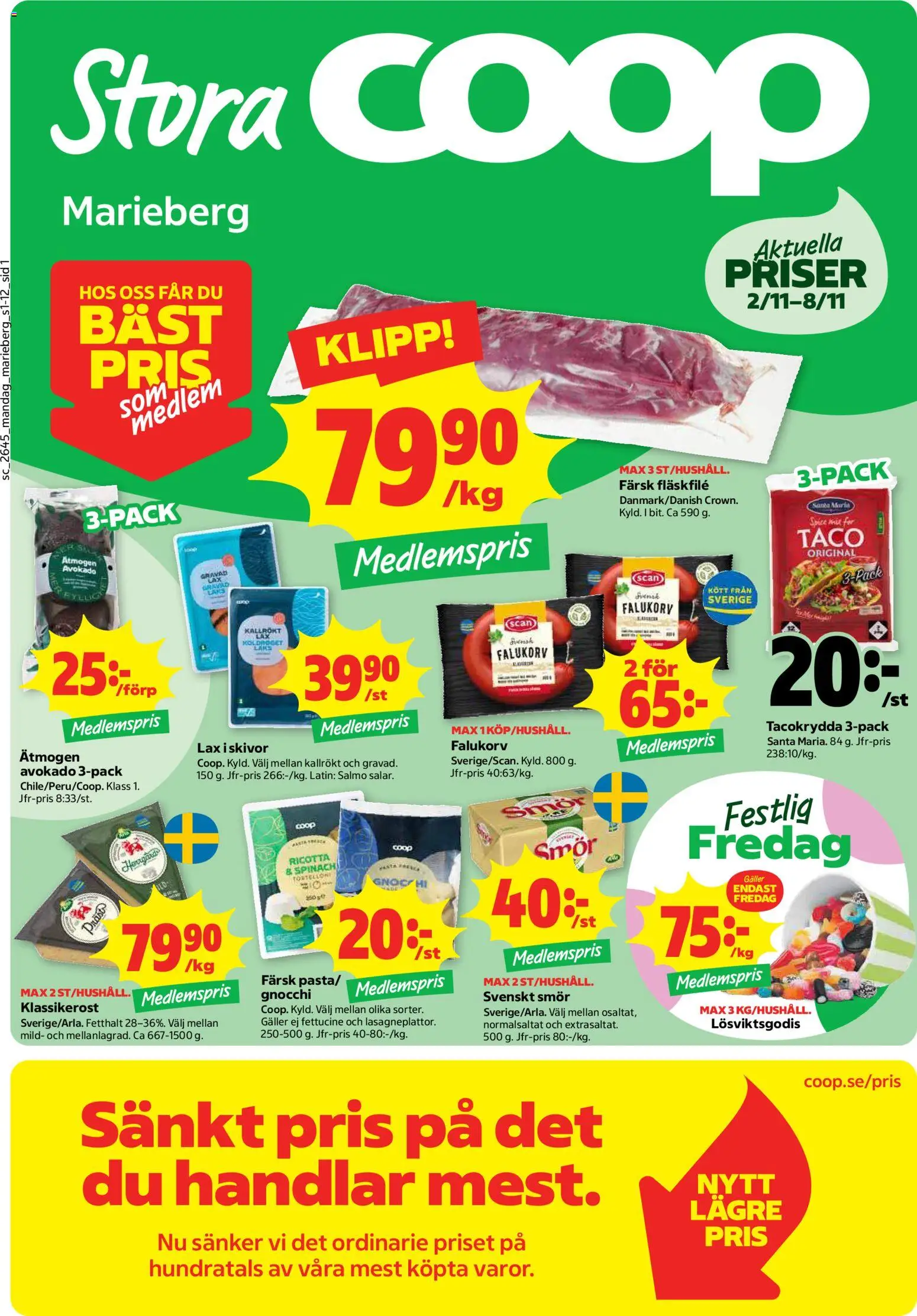 Förhandsgranska reklamblad Coop Forum erbjudanden från butik Coop Forum gäller från 02/11/2026 - Gnocchi, Falukorv, Ricotta, Kött, Avokado, Galler, Tacokrydda, Fläskfilé