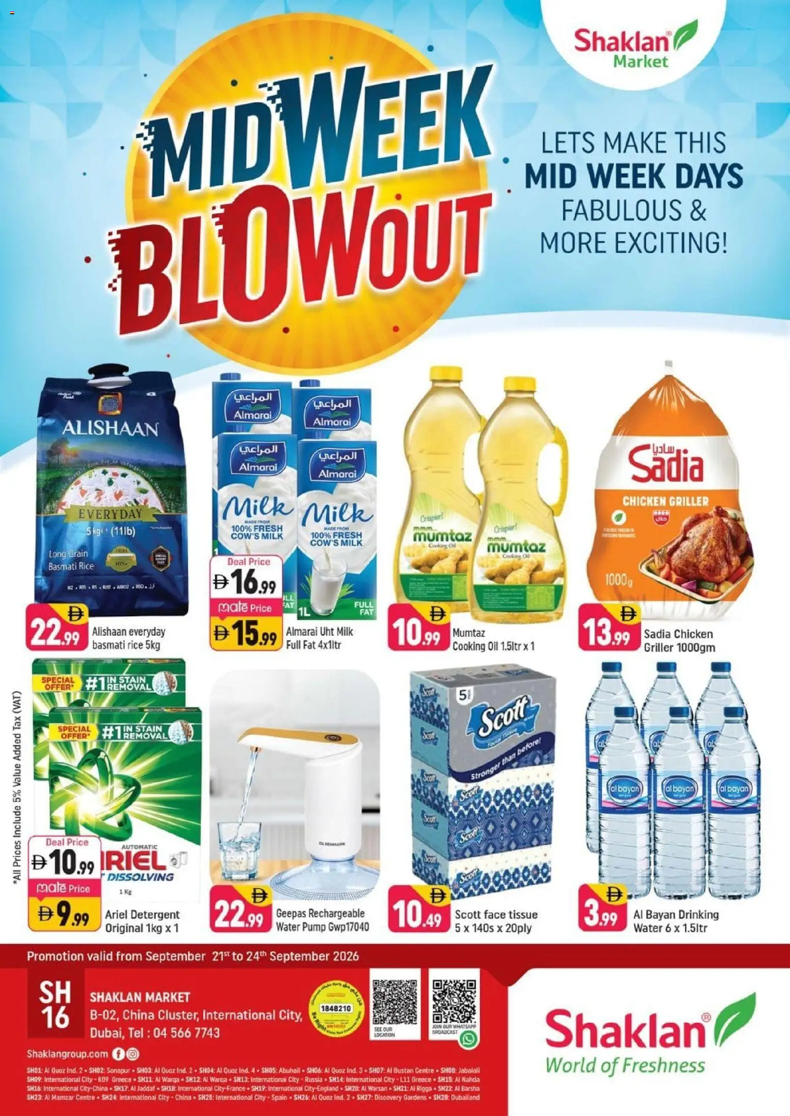Preview of the catalogue Shaklan Midweek Blowout - B02 China Cluster, Dubai of store Shaklan valid from 22 Sep, 2026 - Chicken, Water, Milk, Oil, Rice, Detergent, Griller