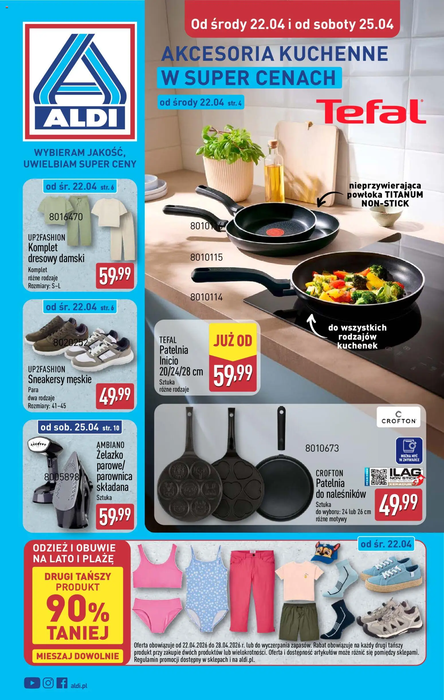 Pogląd gazetki "Aldi gazetka - Hity od Środy i od Soboty" ze sklepu Aldi ważnej od 22.04.2026 - Patelnia, Tefal, Żelazko, Parownica, Ambiano