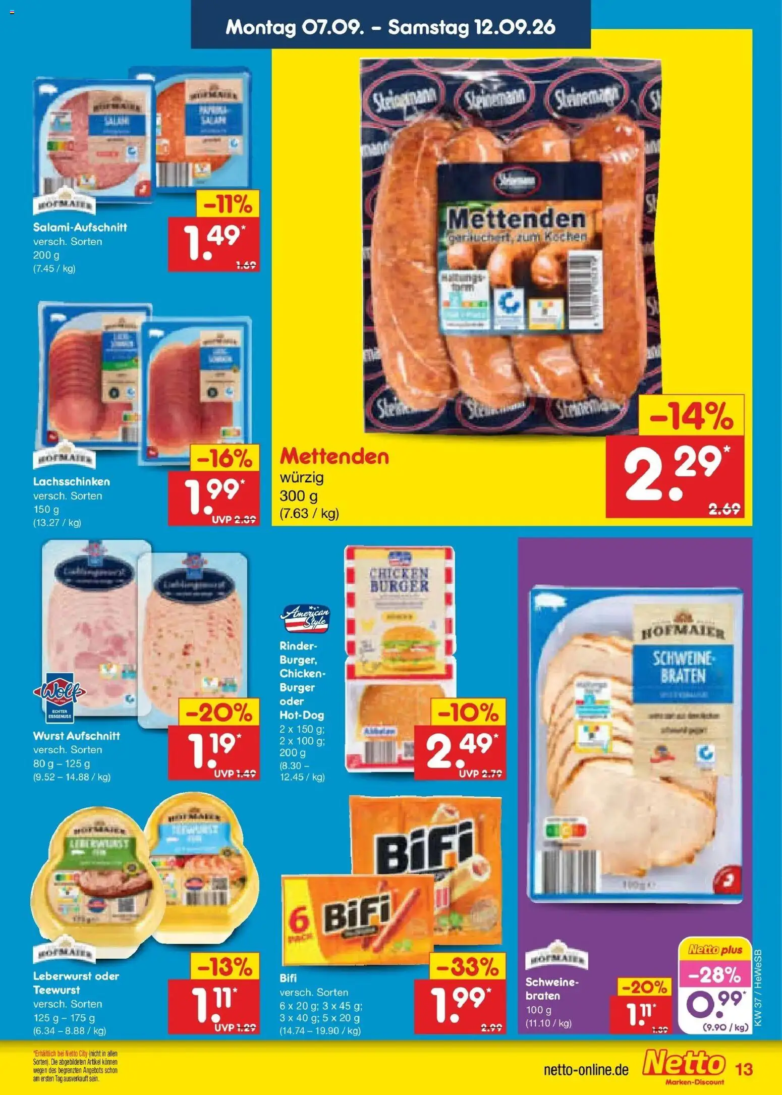 Vorschau von dem Prospekt des Geschäftes Netto Marken-Discount, gültig ab dem 07.09.2026 - Burger, Wurst, Bifi