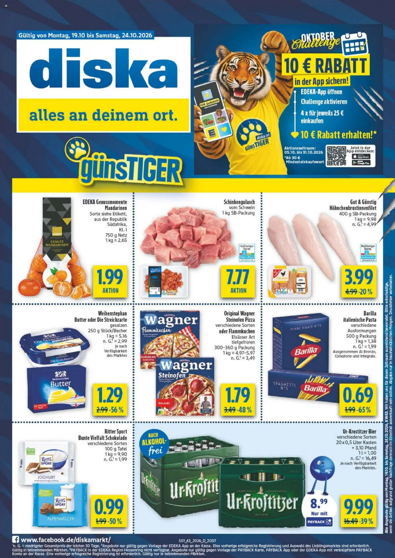 Vorschau von dem Prospekt des Geschäftes Diska, gültig ab dem 19.10.2026 - Butter, Schokolade, Joghurt, Spaghetti, Alkohol, Ritter sport, Salami, Barilla