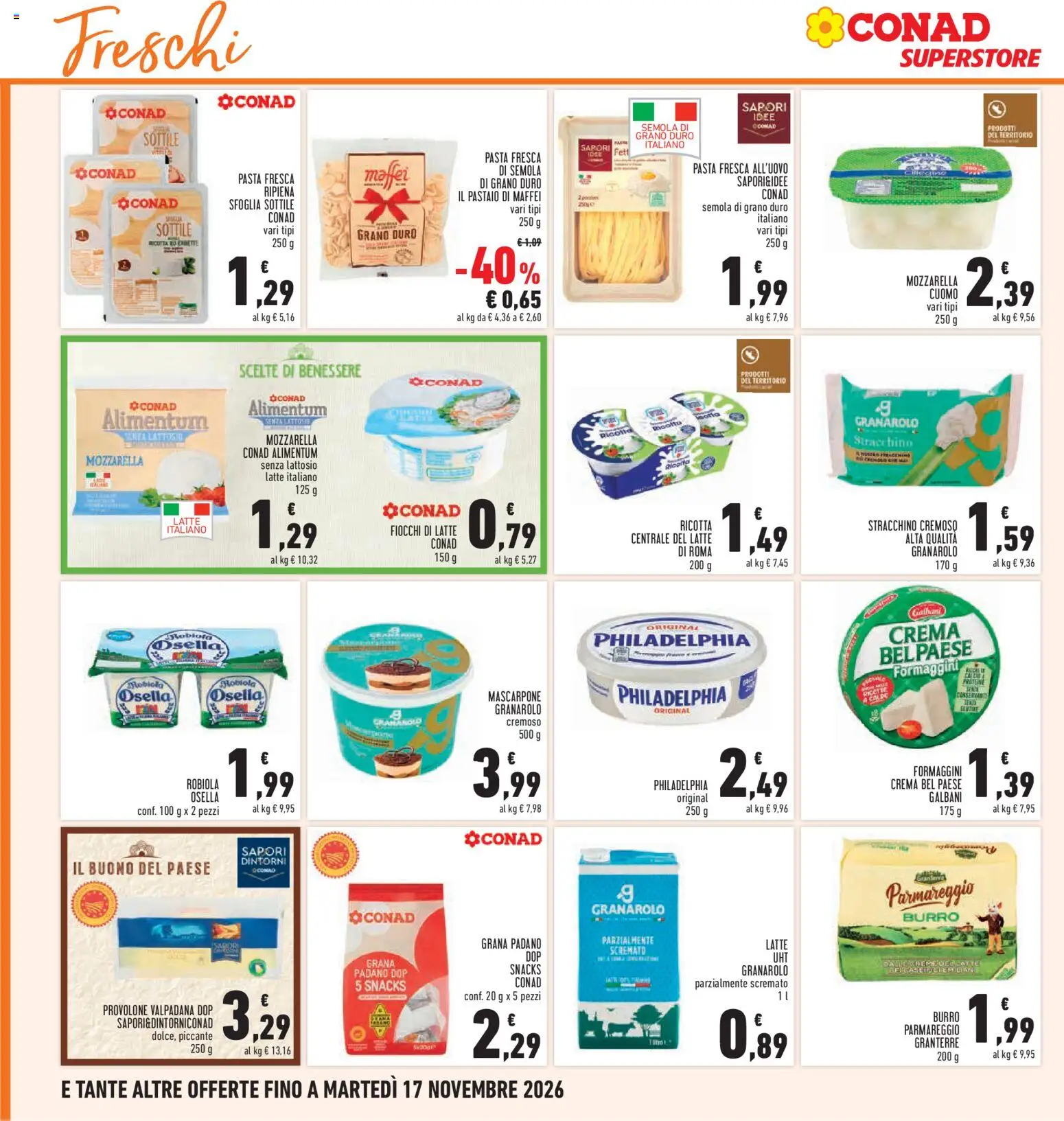 Anteprima dell'opuscolo Conad volantino Superstore Lazio dal negozio Conad valido da 05/11/2026 - Pasta, Mozzarella, Mascarpone, Stracchino, Burro, Robiola, Provolone, Senza lattosio