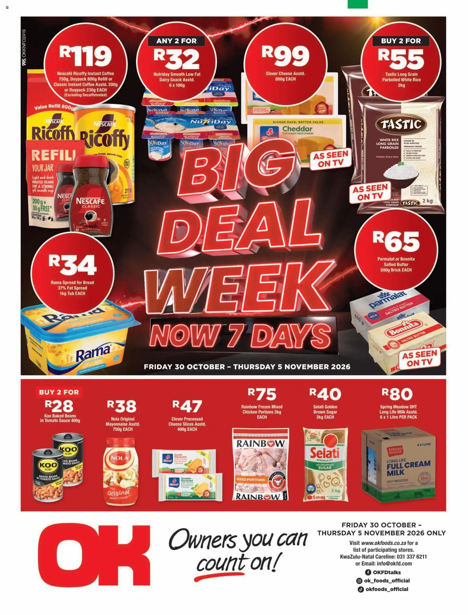 Preview of OK Foods flyer valid from 30/10/2026 - Milk, Sugar, Rice, Cream, Mayonnaise, Baked beans, Sauce, Cheddar