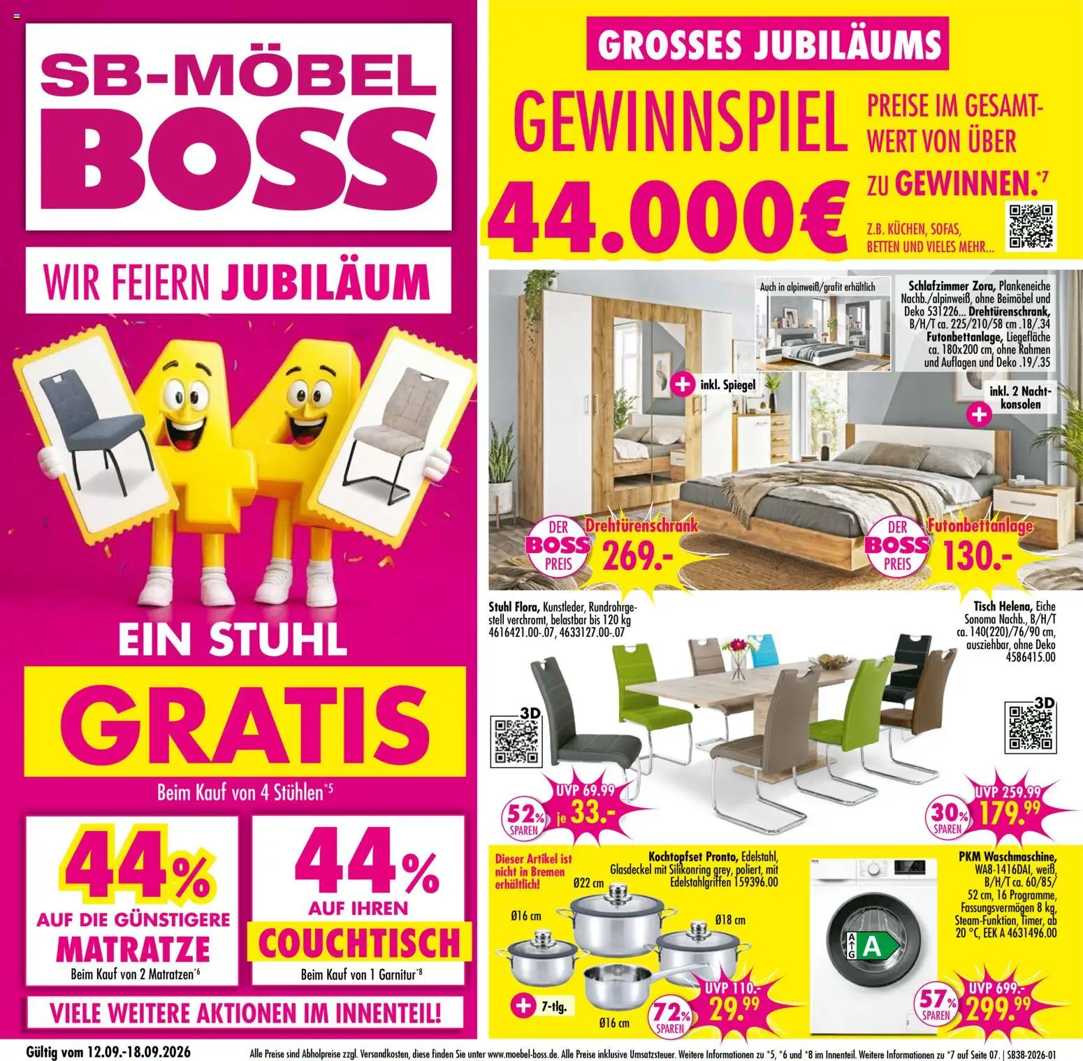 Vorschau von dem Prospekt des Geschäftes SB Möbel Boss, gültig ab dem 12.09.2026 - Spiegel, Couchtisch, Matratze, Stuhl, Tisch, Drehtürenschrank