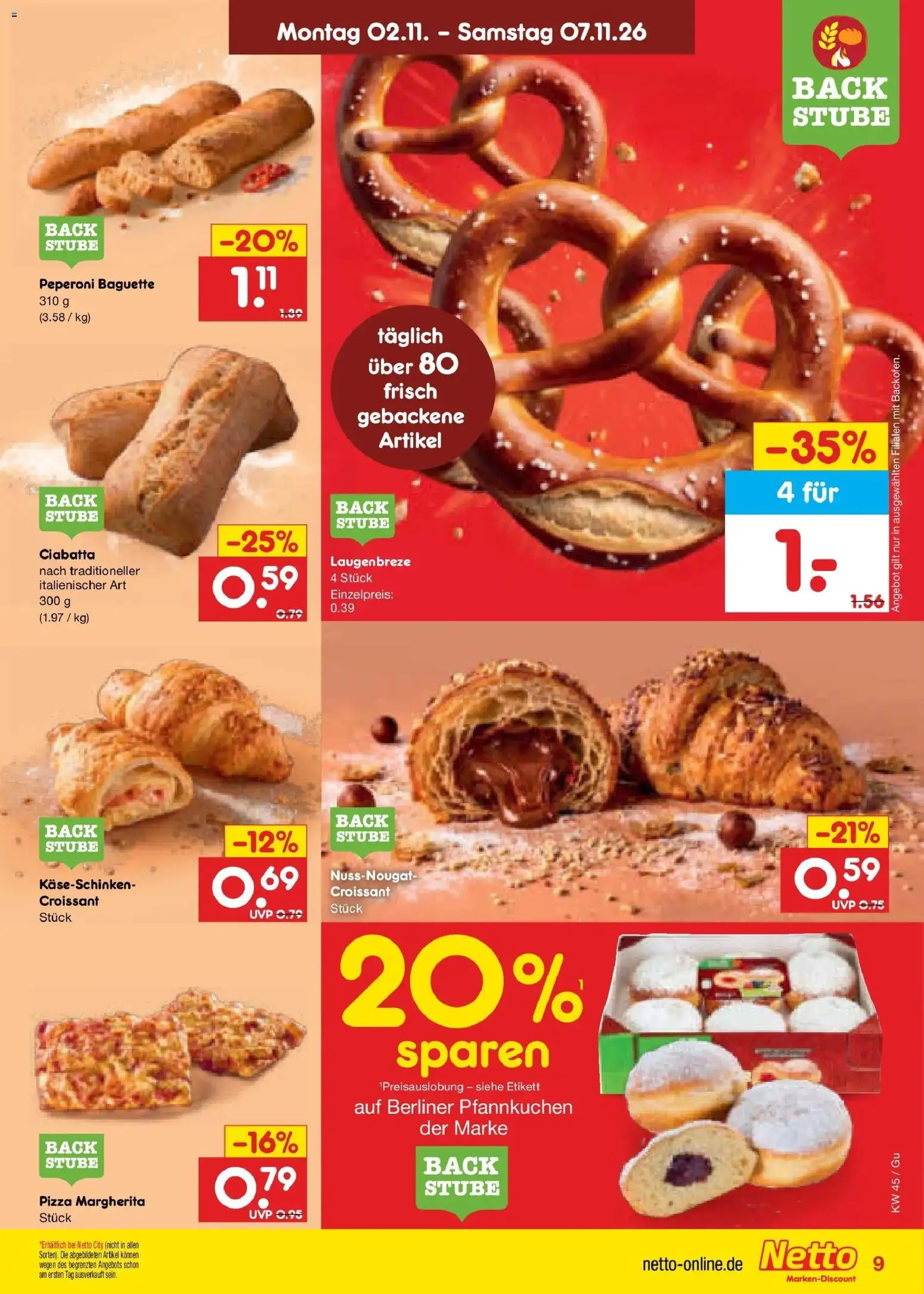 Vorschau von dem Prospekt des Geschäftes Netto Marken-Discount, gültig ab dem 02.11.2026 - Pizza, Pfannkuchen, Croissant, Baguette, Berliner