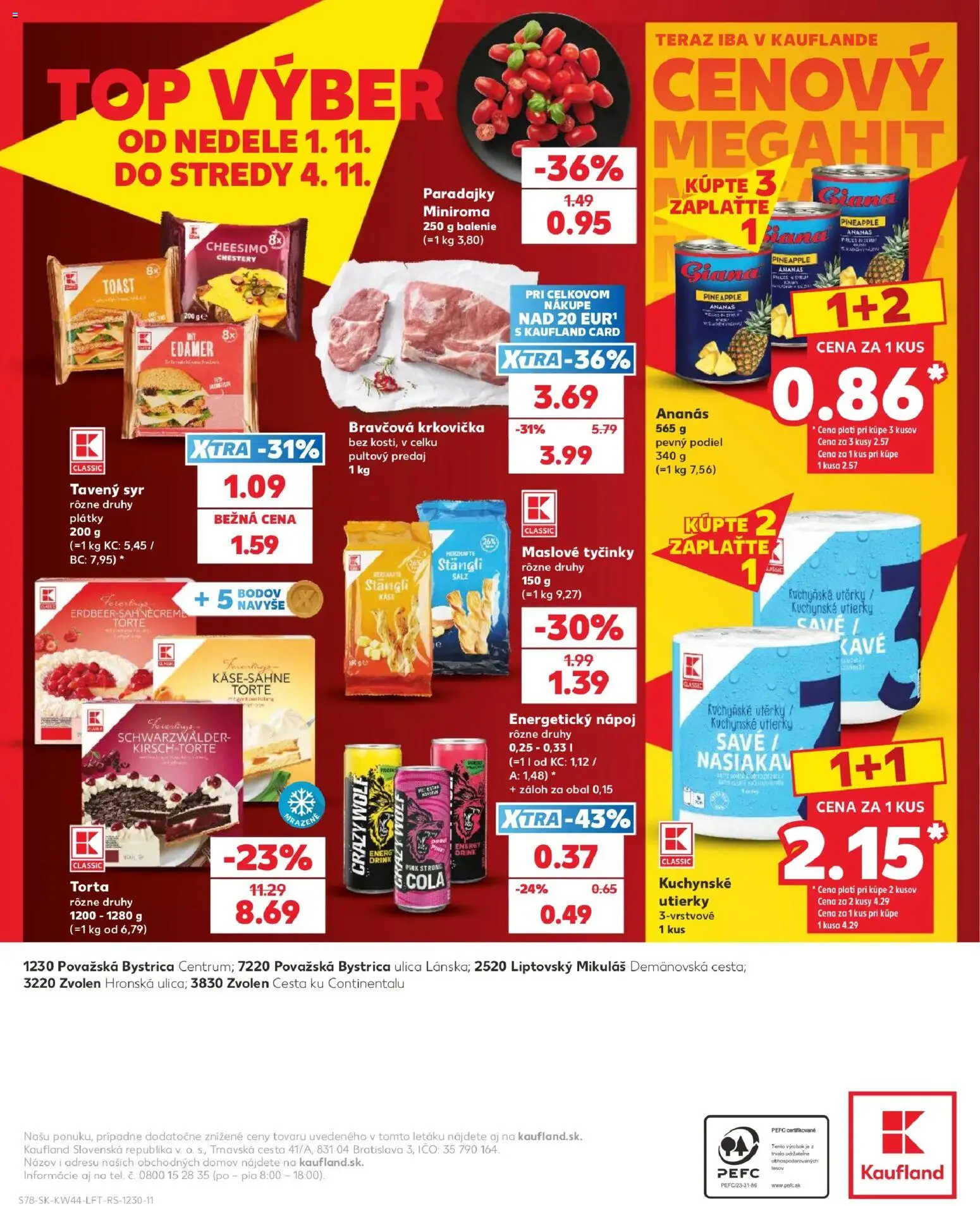 Náhľad Kaufland letáku platného od 29.10.2026 - Syr, Paradajky, Krkovička, Cola, Energetický nápoj, Ananás, Utierky, Tavený syr