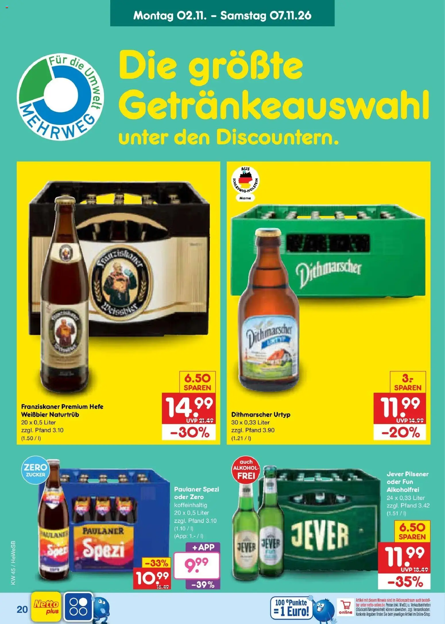 Vorschau von dem Prospekt des Geschäftes Netto Marken-Discount, gültig ab dem 02.11.2026 - Alkohol, Jever, Paulaner spezi, Zucker, Paulaner, Franziskaner, Weißbier