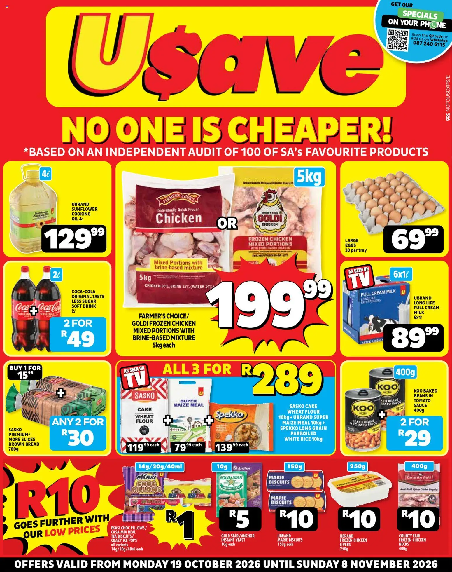 Preview of Usave flyer valid from 19/10/2026 - Cake, Eggs, Milk, Bread, Sugar, Cream, Tomato sauce, Tray