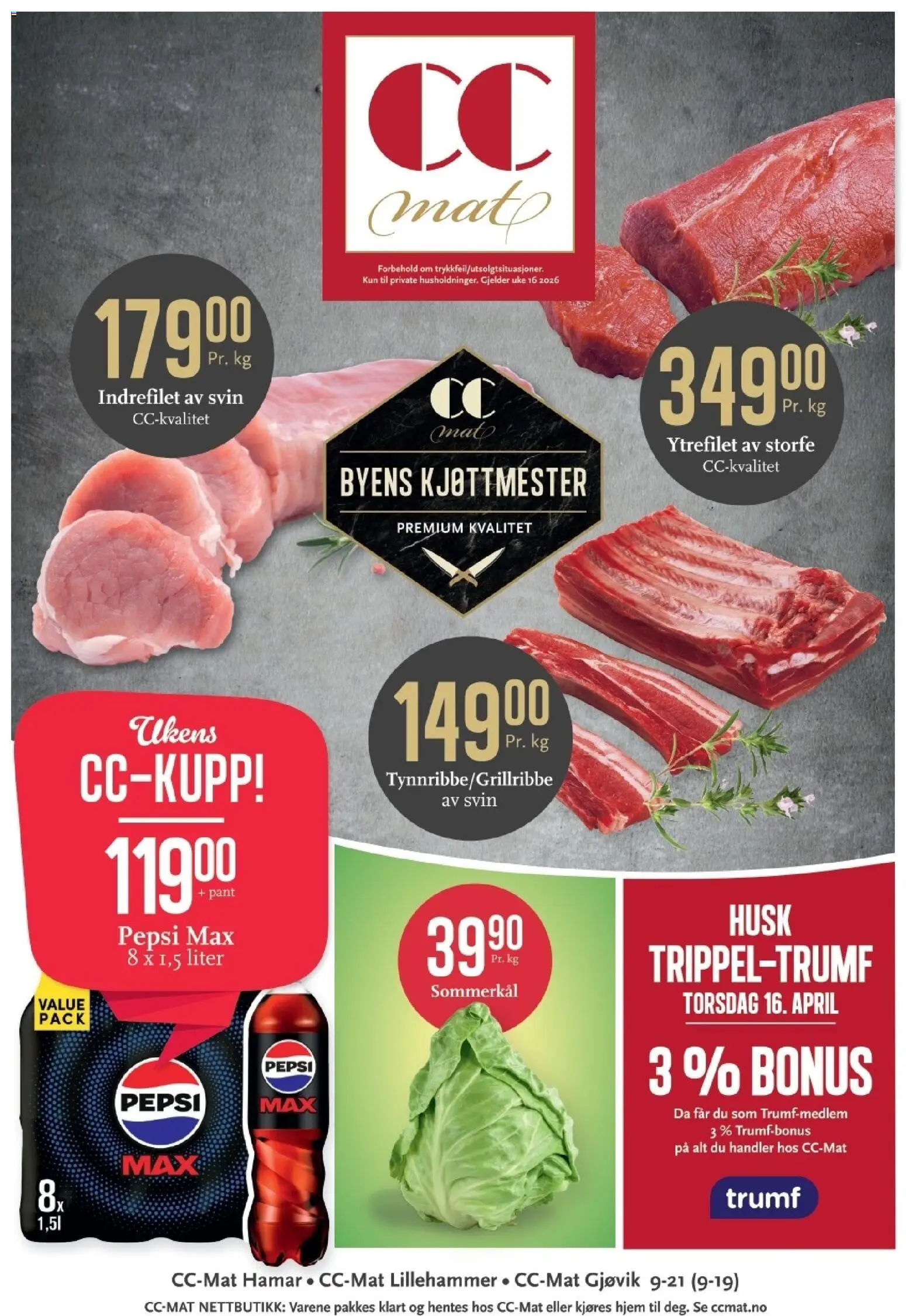 Forhåndsvis CC Mat kundeavis fra butikk CC Mat gyldig fra 13/04/2026 - Ytrefilet, Husk, Svin, Pepsi Max, Indrefilet, Pepsi