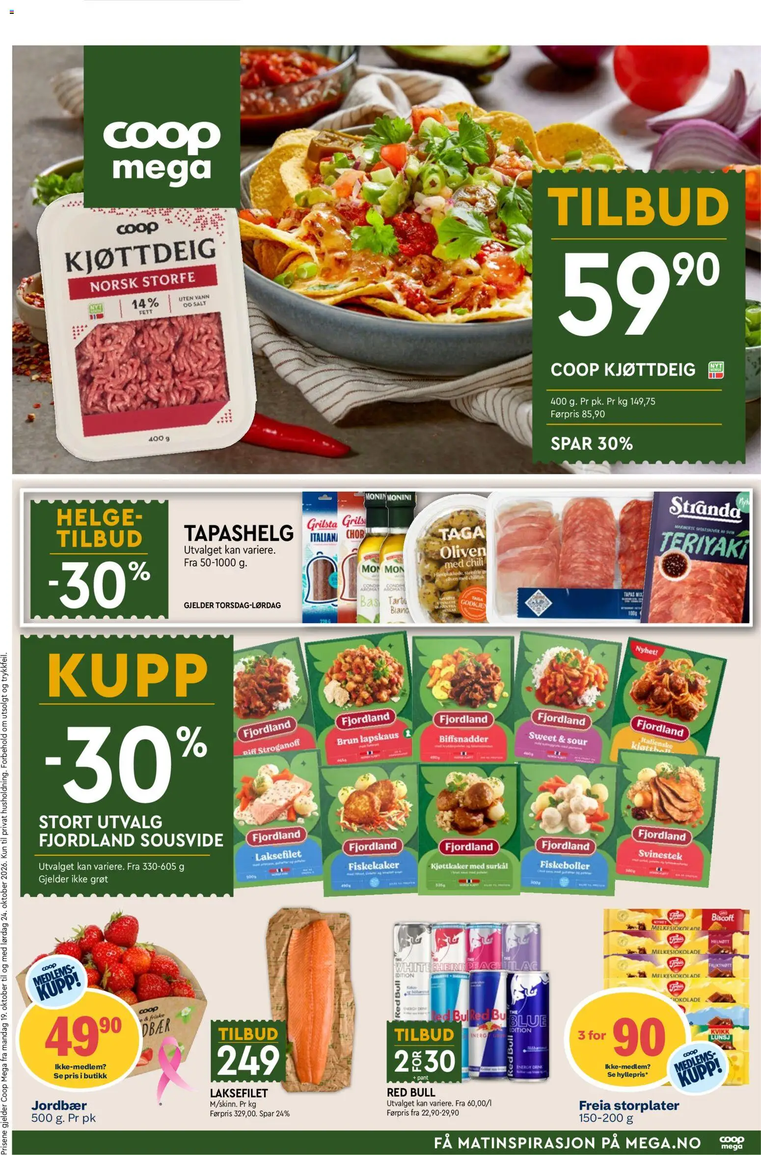 Forhåndsvis Coop Mega kundeavis fra butikk Coop Mega gyldig fra 19/10/2026 - Chili, Fiskekaker, Jordbær, Kjøttdeig, Grøt, Oliven, Vann, Lapskaus