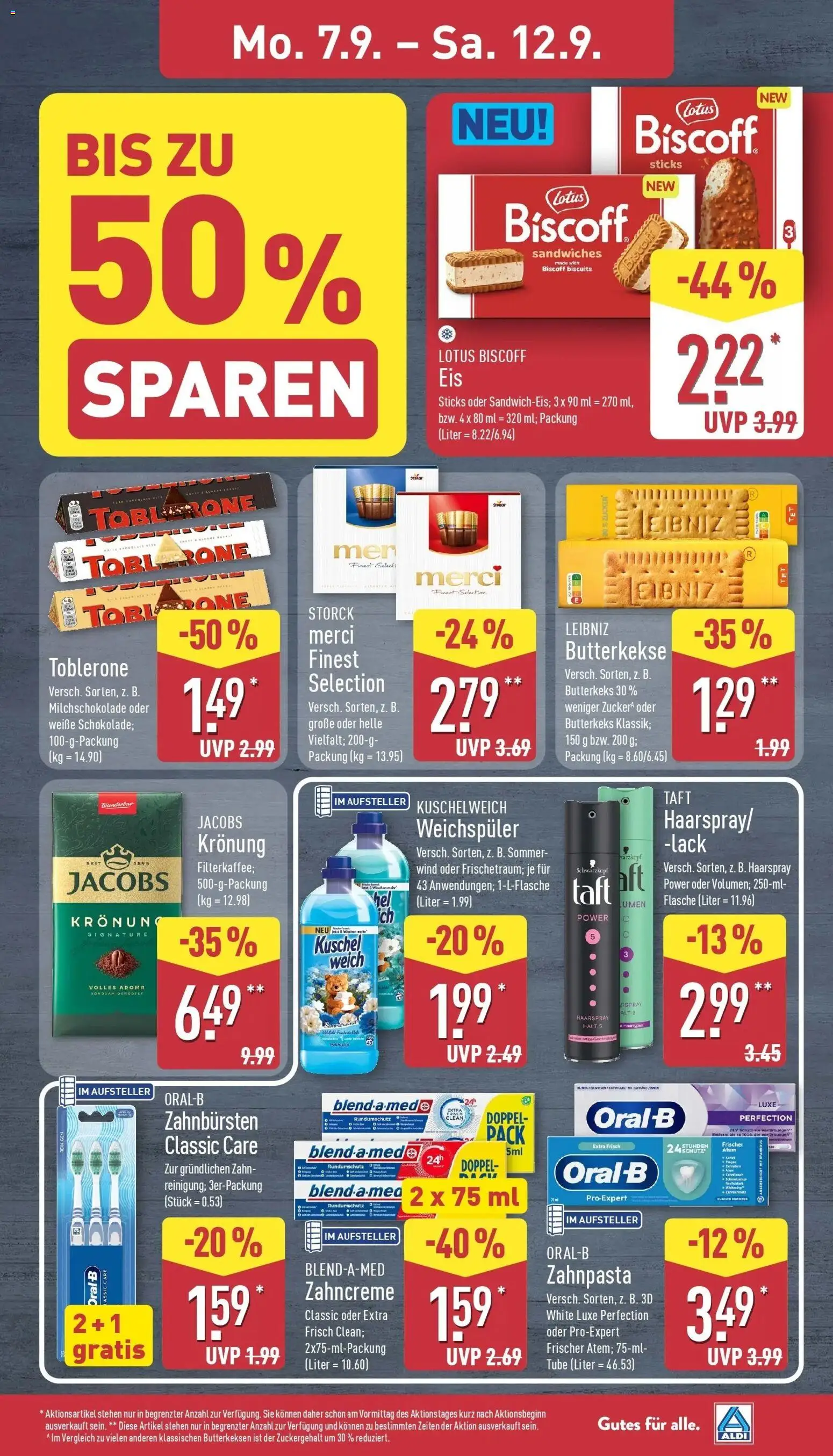 Vorschau von dem Prospekt des Geschäftes Aldi, gültig ab dem 07.09.2026 - Eis, Merci, Zahnpasta, Weichspüler, Butterkekse, Haarspray, Kuschelweich