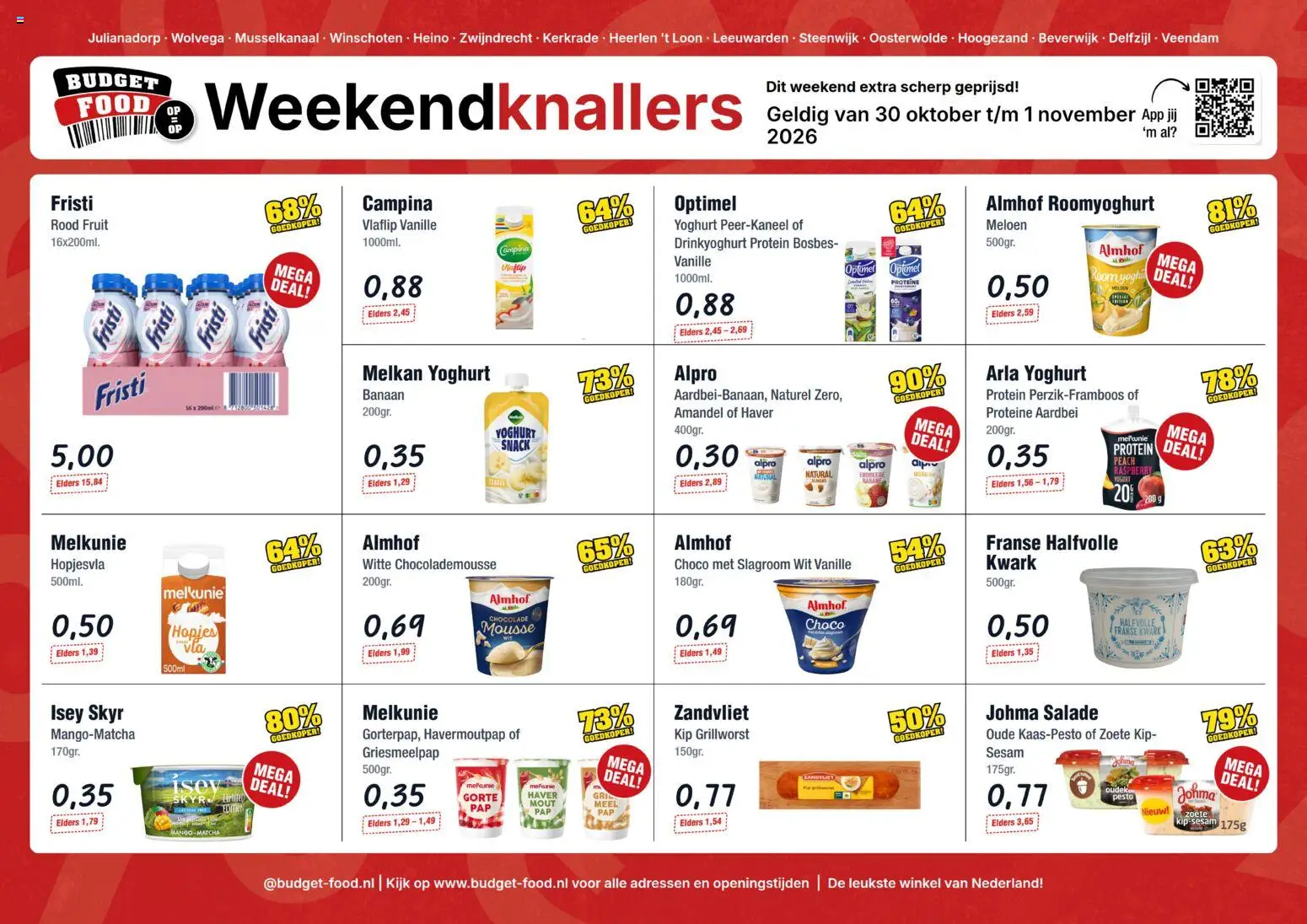 Voorbeeld van Budget Food folder - Weekend van winkel Budget Food geldig vanaf 30-10-2026 - Aardbei, Banaan, Yoghurt, Slagroom, Haver, Vanille, Sesam, Proteïne