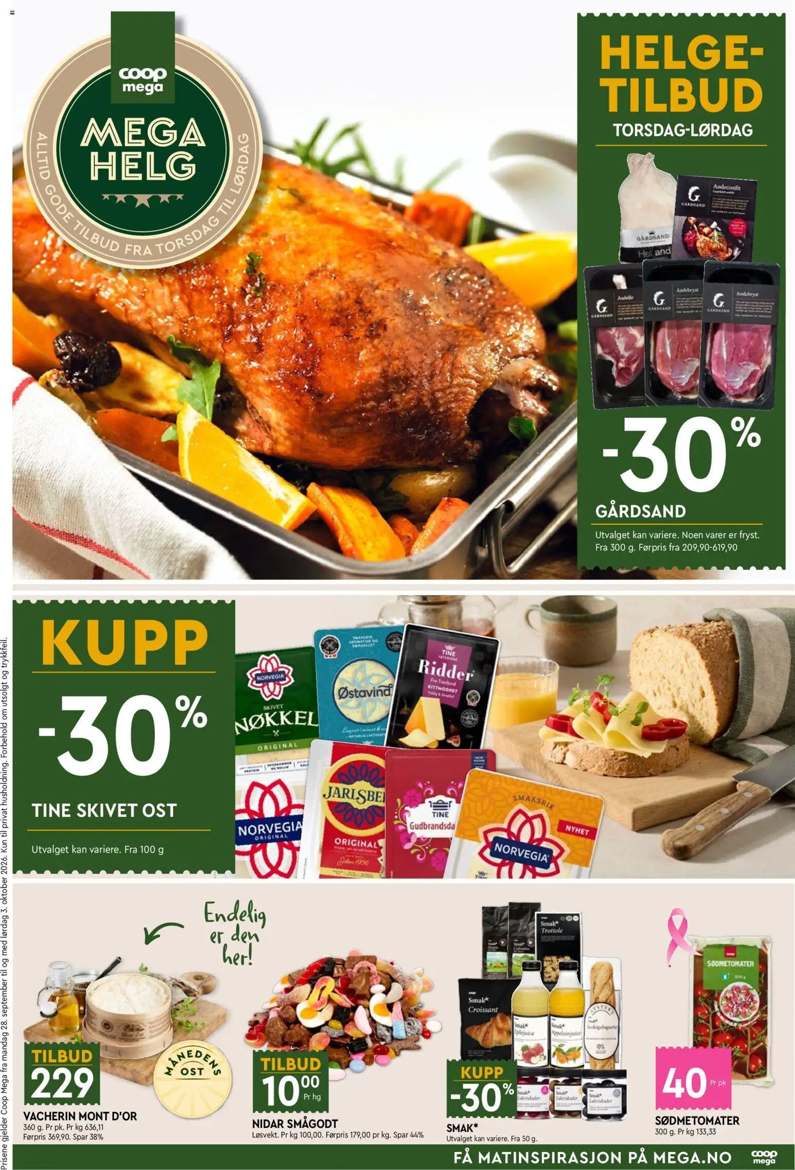 Forhåndsvis Coop Mega Mega Helg fra butikk Coop Mega gyldig fra 28/09/2026 - Ost, And, Eplejuice, Skivet ost, Smågodt, Croissant