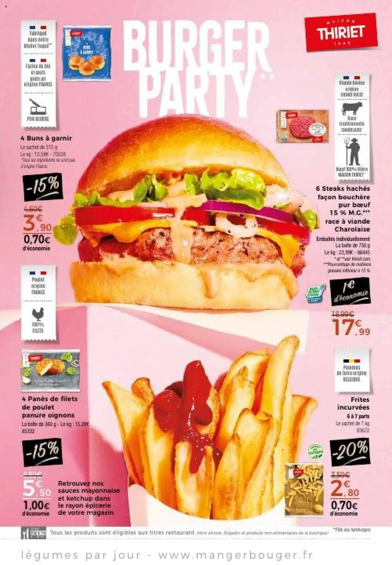 Prévisualisation de Thiriet catalogue du magasin Thiriet formulaire valide 24/08/2026 - Burger, Poulet, Oignons, Mayonnaise, Frites, Viande, Sauces, Ketchup