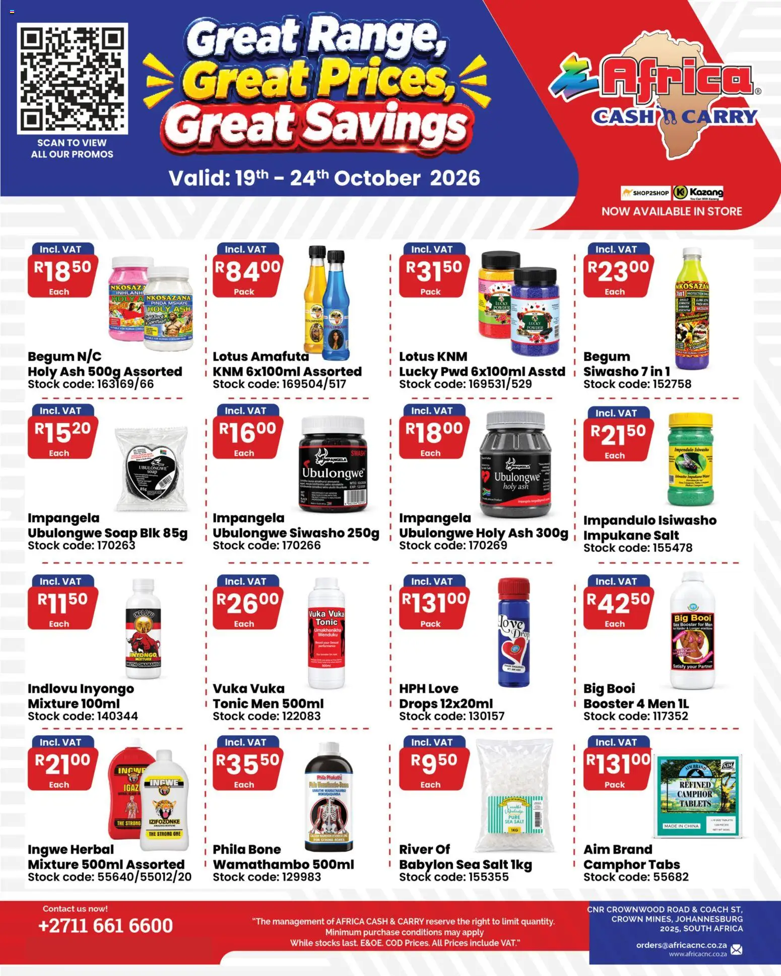 Preview of Africa Cash & Carry flyer valid from 19/10/2026 - Salt, Soap, Stock, Lotus, Tonic