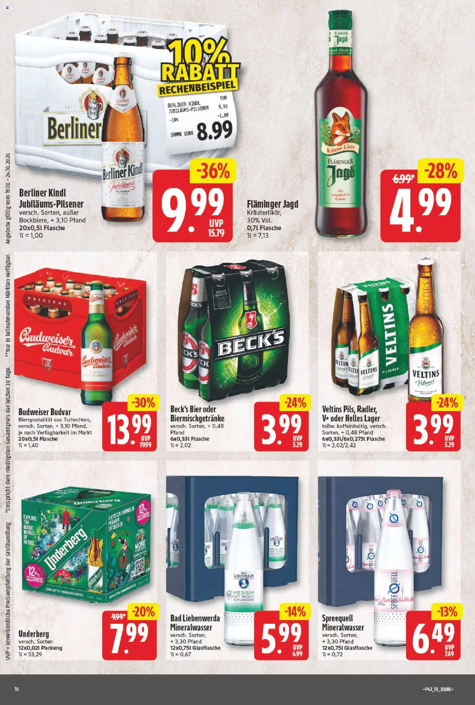 Vorschau von dem Prospekt des Geschäftes NP Discount, gültig ab dem 19.10.2026 - Bier, Bad, Mineralwasser, Berliner, Veltins, Underberg, Budweiser