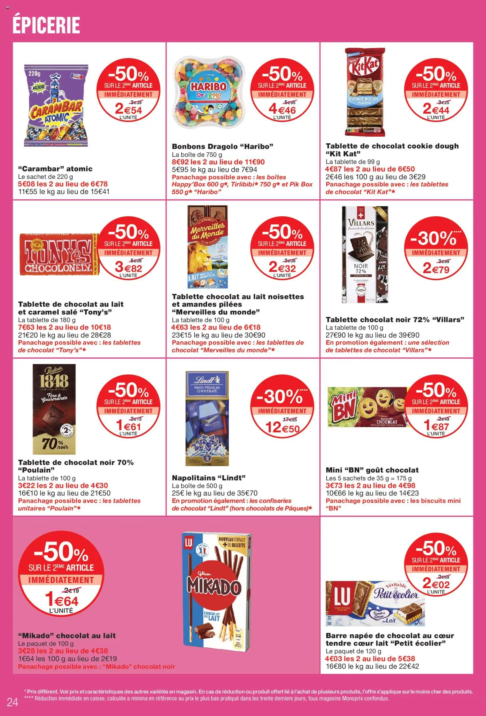 Prévisualisation de Monoprix catalogue du magasin Monoprix formulaire valide 08/09/2026 - Tablette, Lindt, Biscuits, Carambar, Cookie dough, Tablettes de chocolat, Chocolat au lait, Noisettes