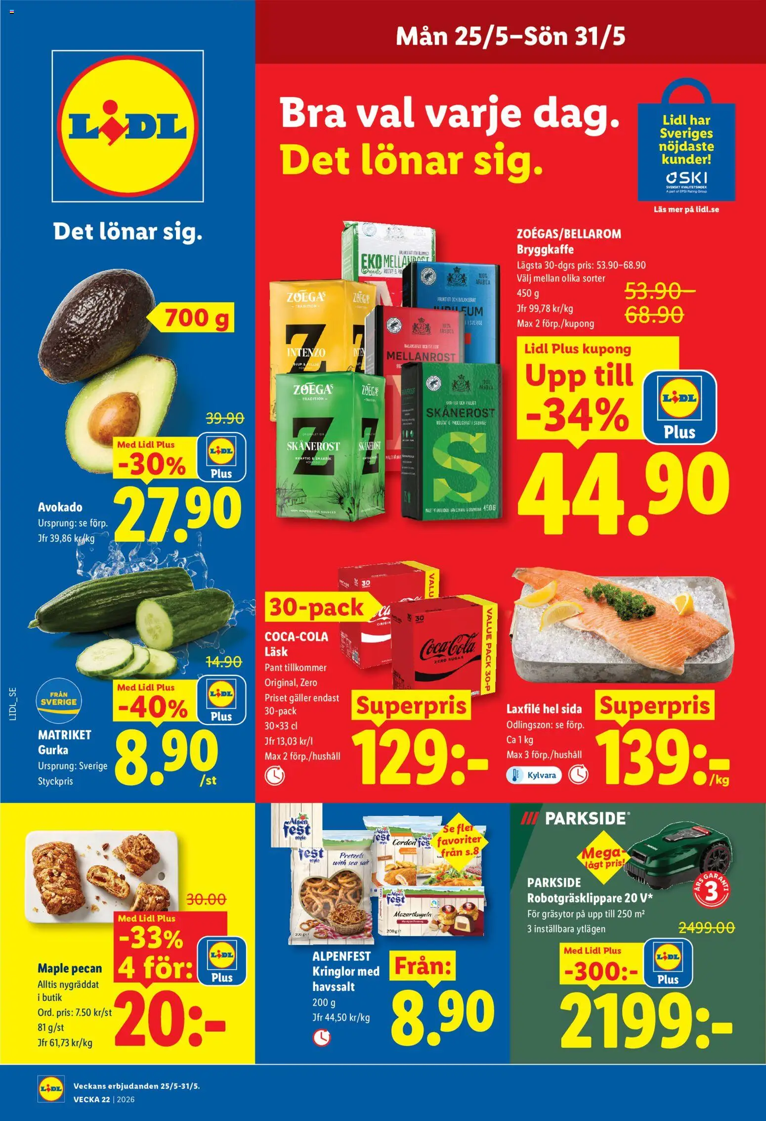 Förhandsgranska reklamblad Lidl erbjudanden från butik Lidl gäller från 25/05/2026 - Robotgräsklippare, Coca cola, Avokado, Gurka, Frukt, Galler, Laxfilé