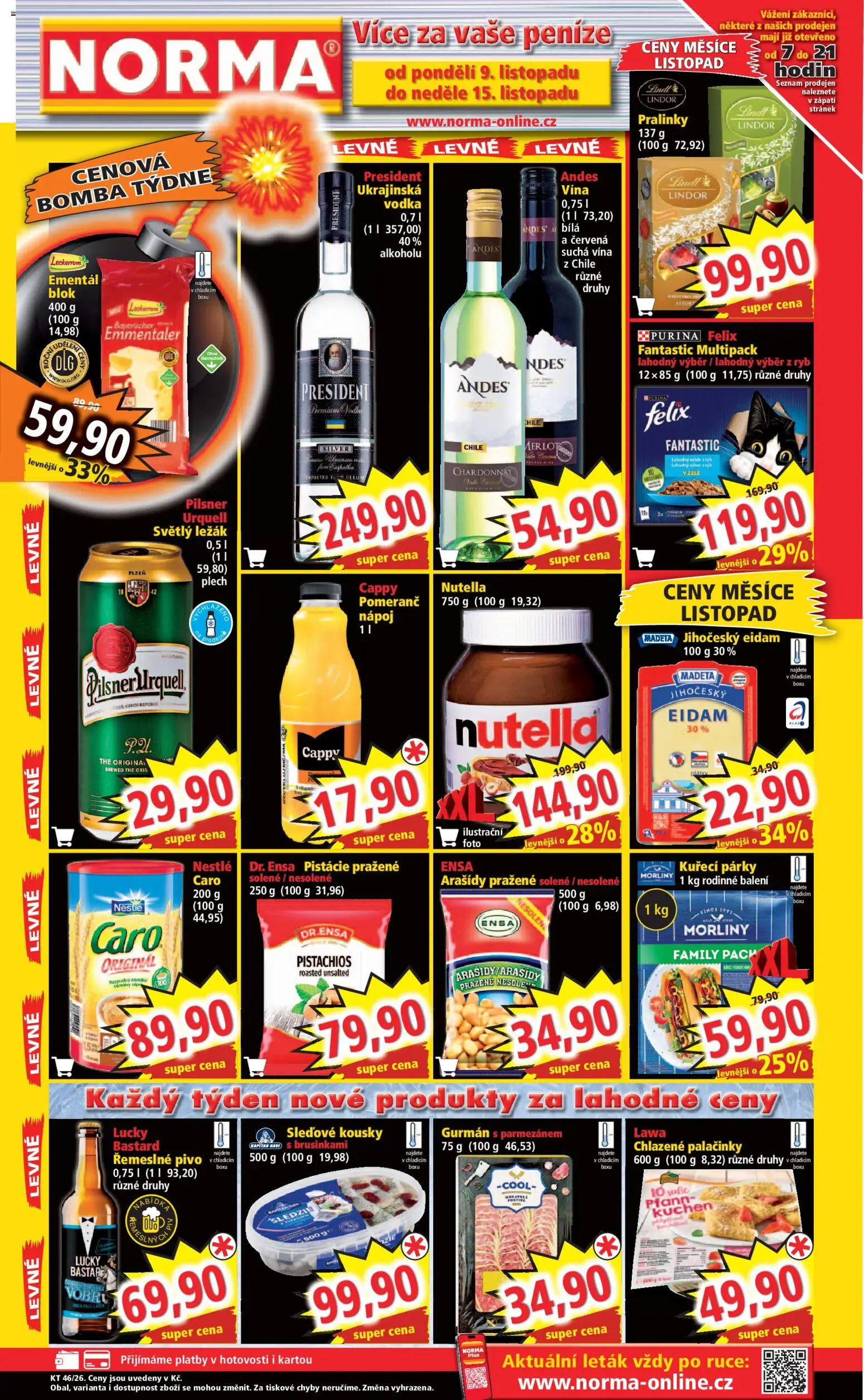Náhled nabídky: Norma Norma leták platný od 09.11.2026 - Pilsner Urquell, Lindt, Vodka, Felix, Lindor, Párky, Arašídy, Ementál