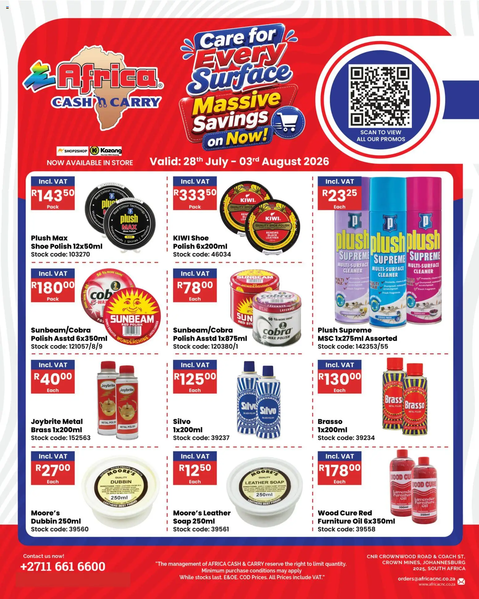 Preview of Africa Cash & Carry flyer valid from 28/07/2026 - Water, Oil, Soap, Kiwi, Stock