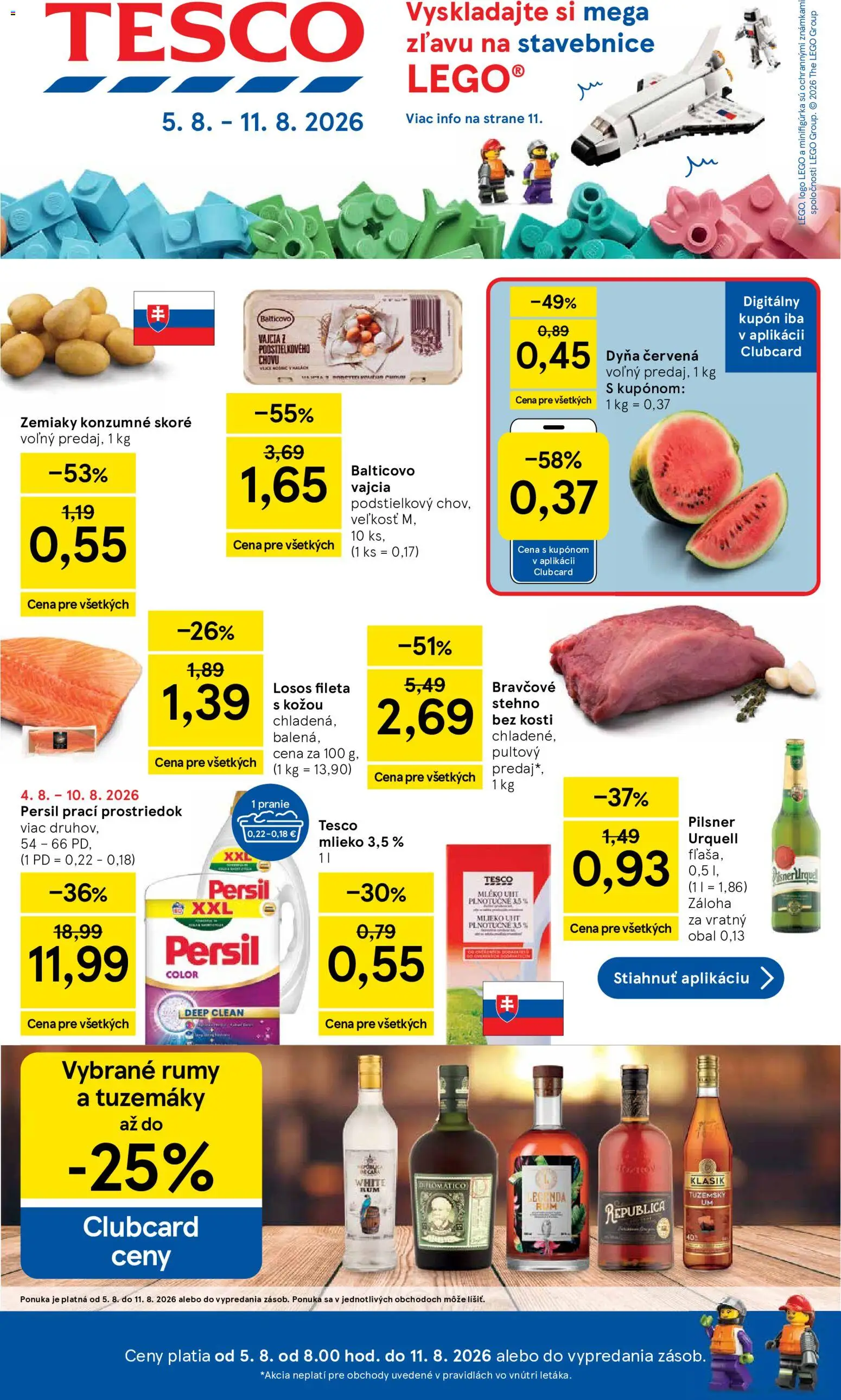 Náhľad Tesco letáku platného od 05.08.2026 - LEGO, Pilsner Urquell, Losos, Mlieko, Vajcia, Zemiaky, Persil, Bravčové stehno