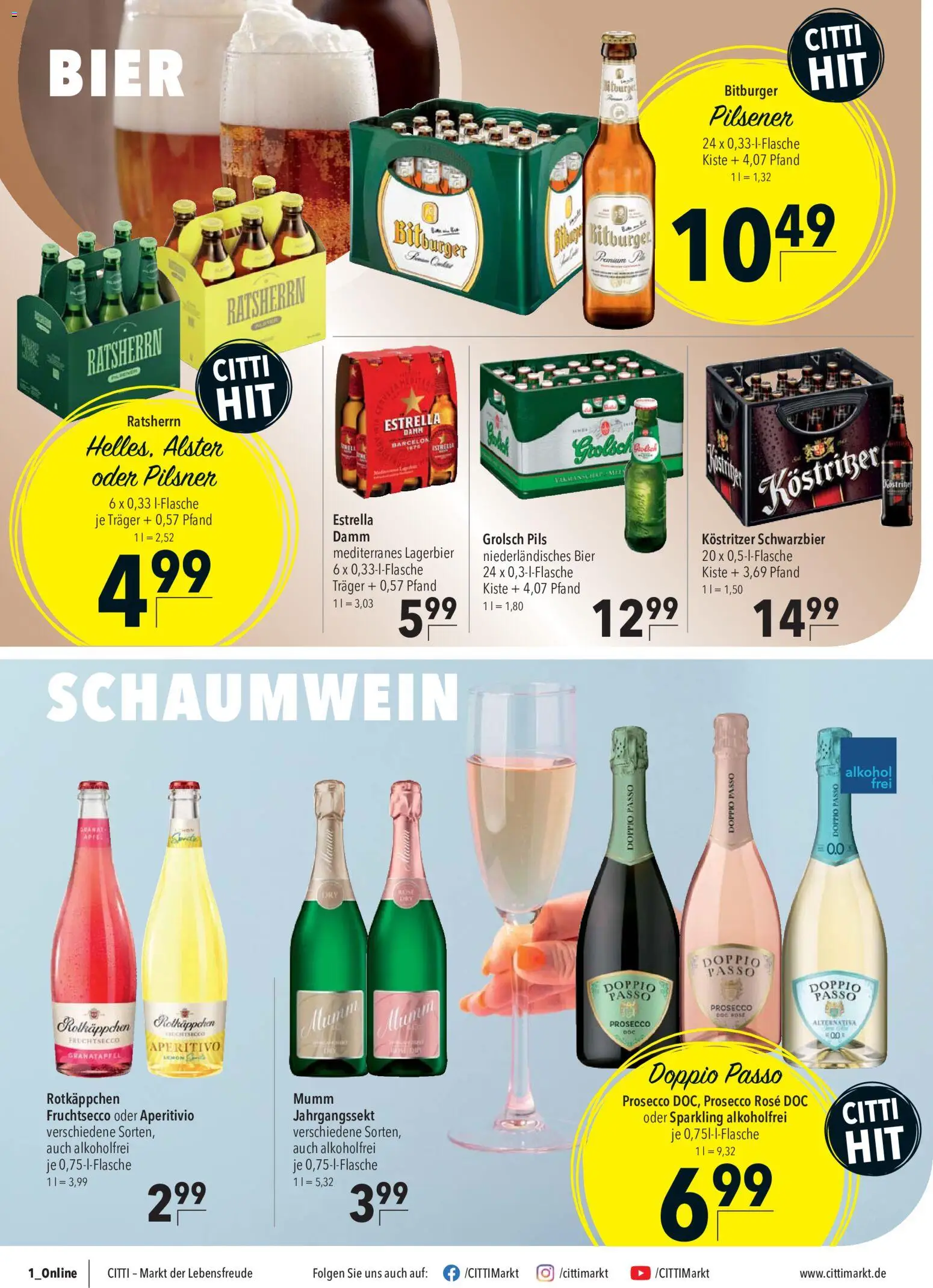 Vorschau von dem Prospekt des Geschäftes CITTI Markt, gültig ab dem 09.09.2026 - Bier, Granatapfel, Alkohol, Prosecco, Bitburger, Doppio Passo, Fruchtsecco, Kostritzer