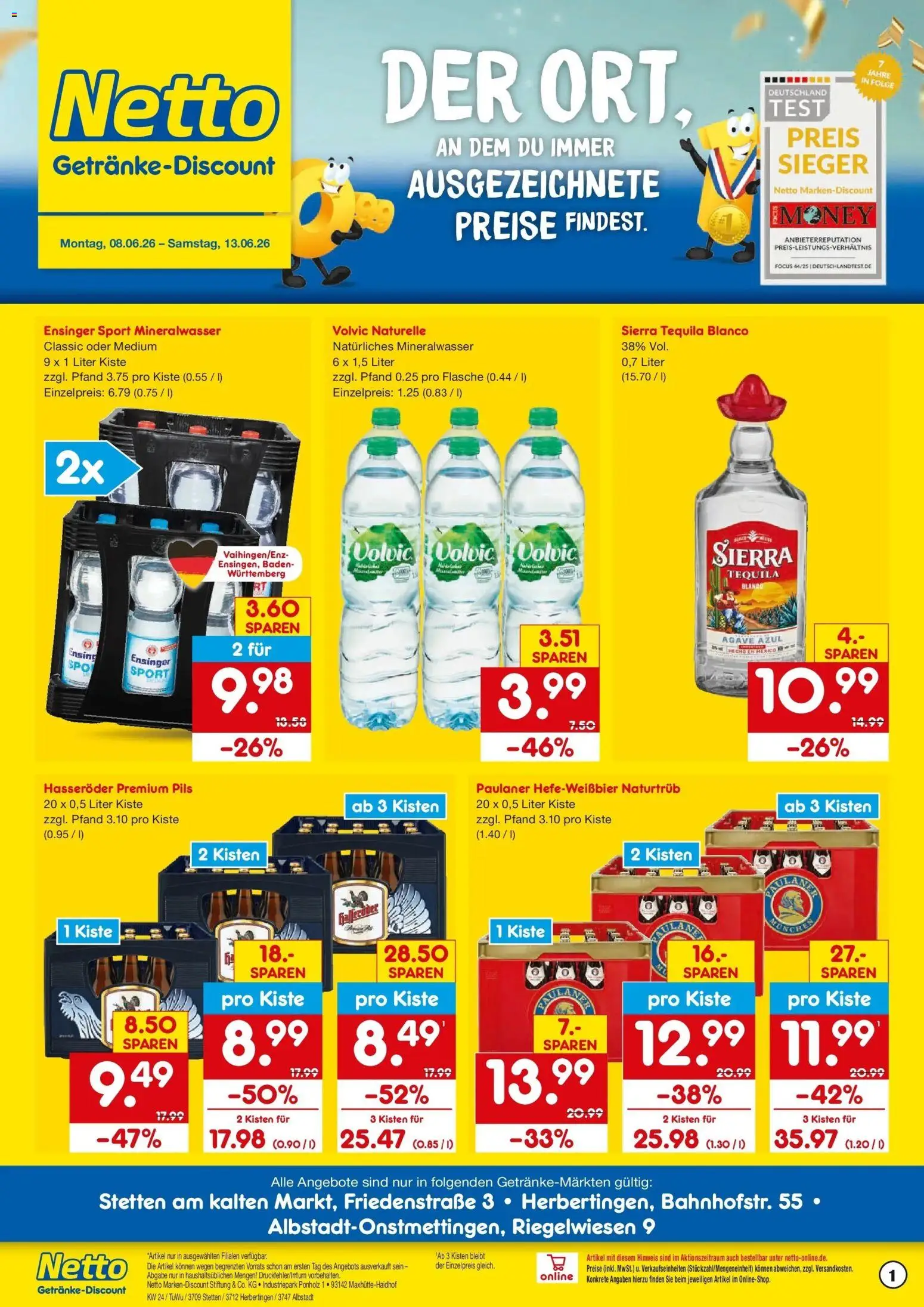 Vorschau von dem Prospekt des Geschäftes Netto Marken-Discount, gültig ab dem 08.06.2026 - Mineralwasser, Tequila, Paulaner, Volvic, Hasseröder, Pils