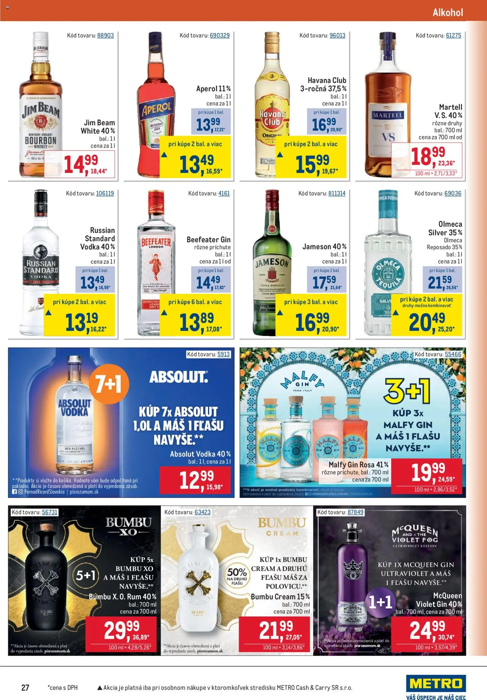 Náhľad Metro letáku platného od 07.10.2026 - Alkohol, Rum, Aperol, Jameson, Absolut vodka, Jim Beam, Beefeater gin, Malfy Gin