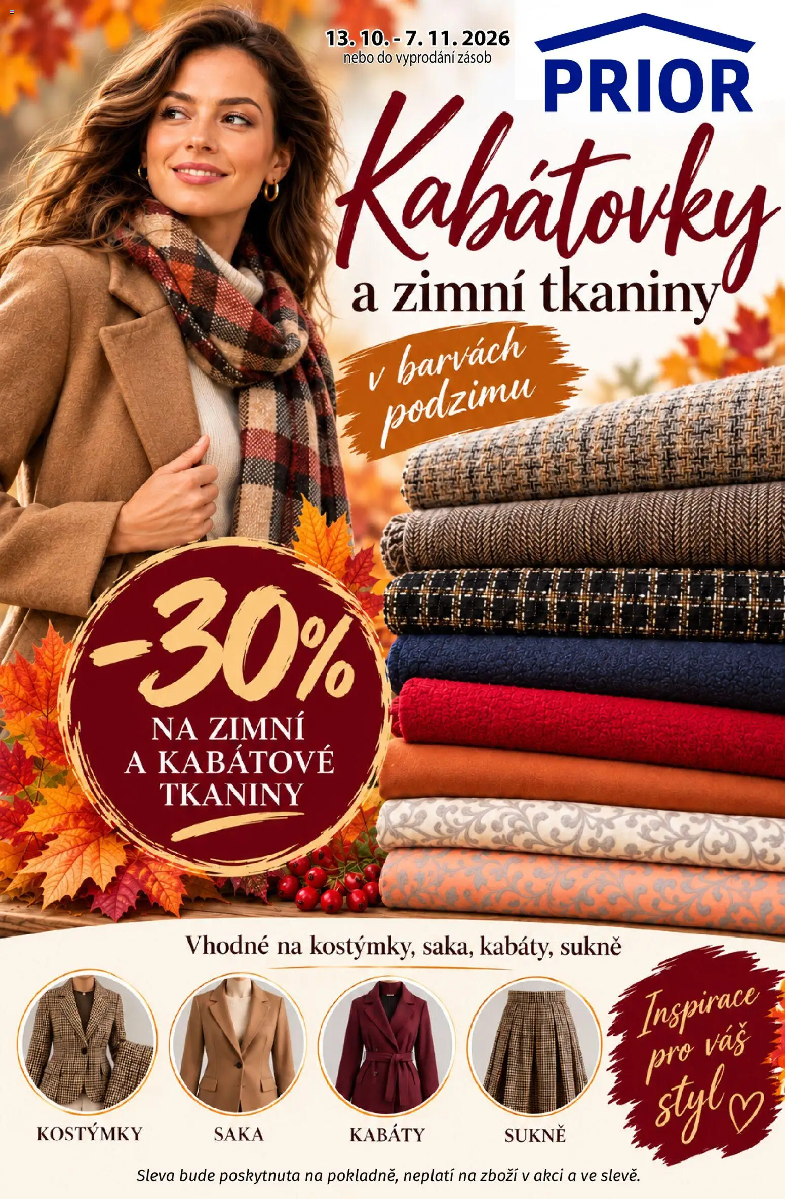 Náhled nabídky: Prior Prior - Kabátovky a Zimní Tkaniny v Barvách Podzimu platný od 13.10.2026 - Sukně