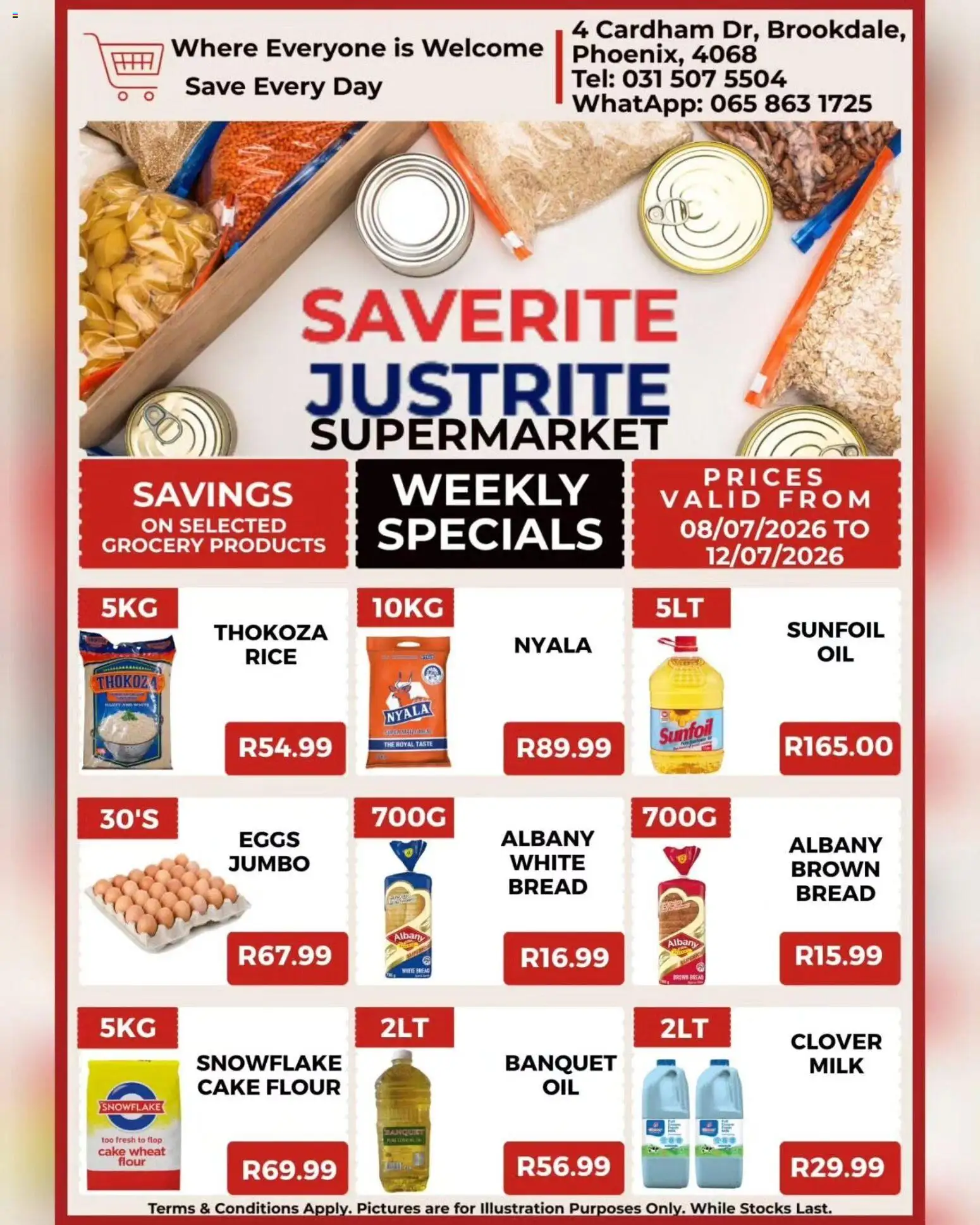 Preview of Saverite flyer valid from 08/07/2026 - Cake, Eggs, Milk, Bread, Rice, Flour