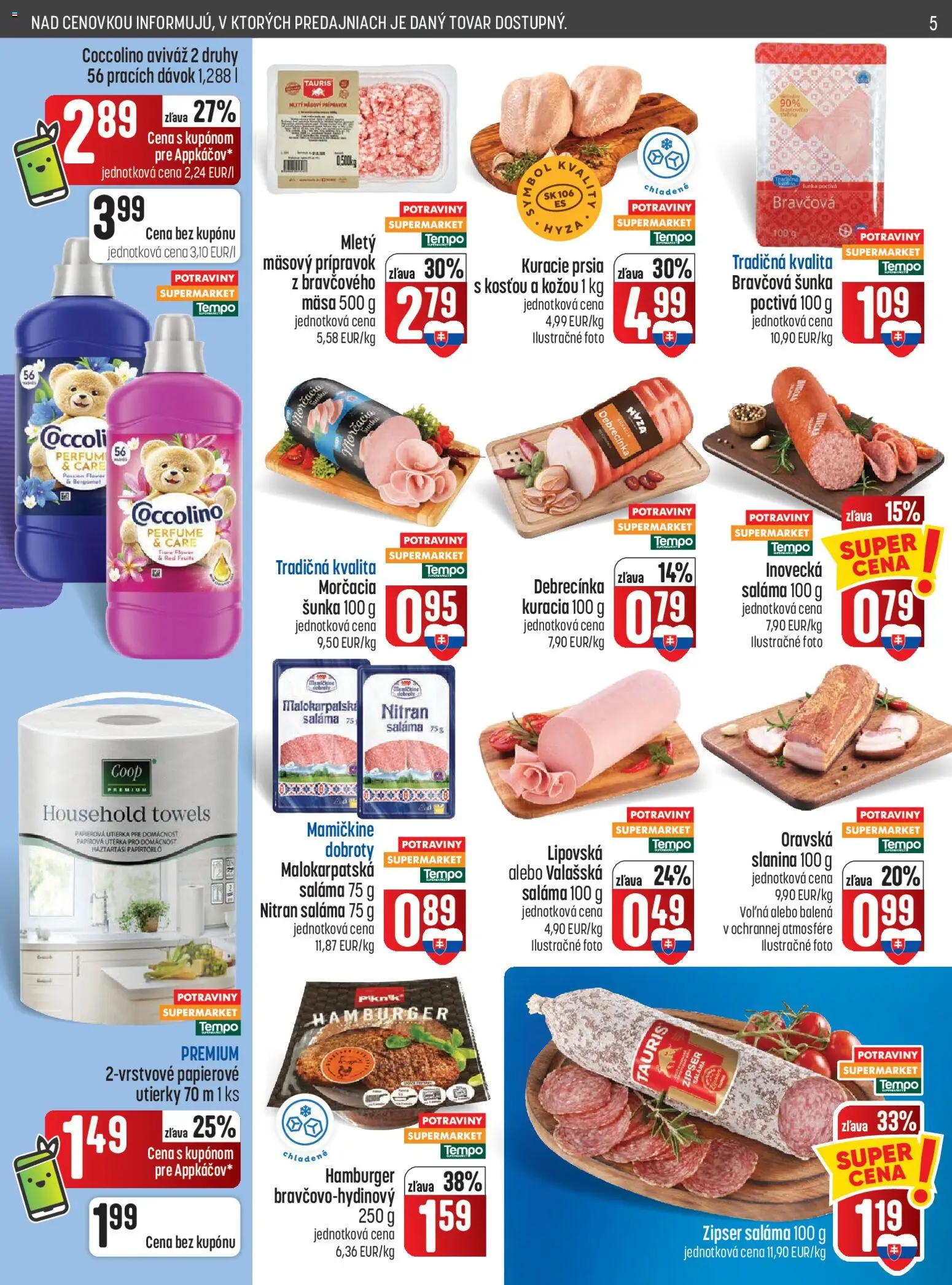 Náhľad COOP Jednota letáku platného od 01.10.2026 - Kuracie prsia, Hamburger, Šunka, Slanina, Coccolino, Aviváž, Saláma, Utierky