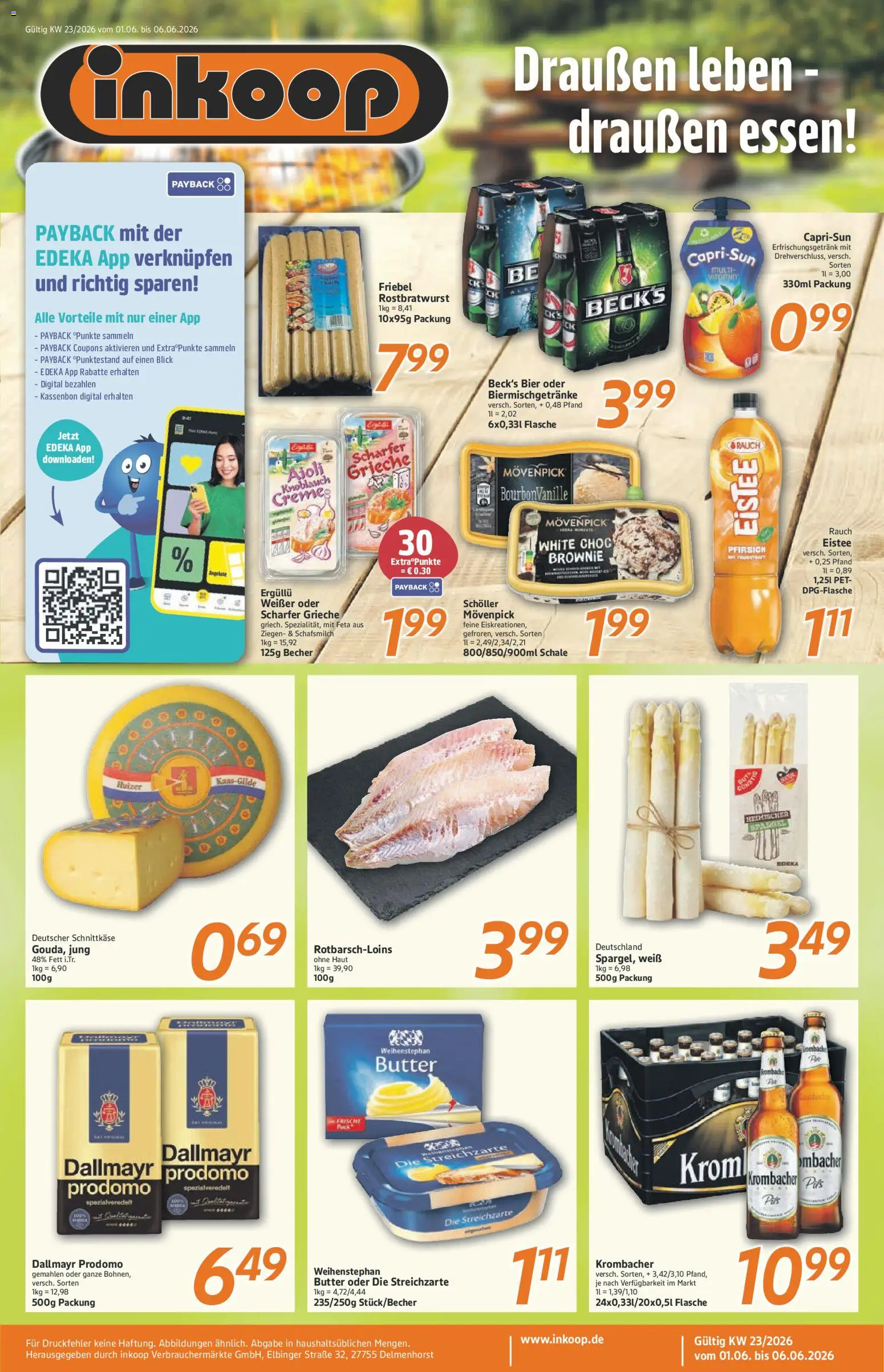 Vorschau von dem Prospekt des Geschäftes Inkoop, gültig ab dem 01.06.2026 - Butter, Bier, Krombacher, Feta, Dallmayr, Pfirsich, Dallmayr prodomo, Pils