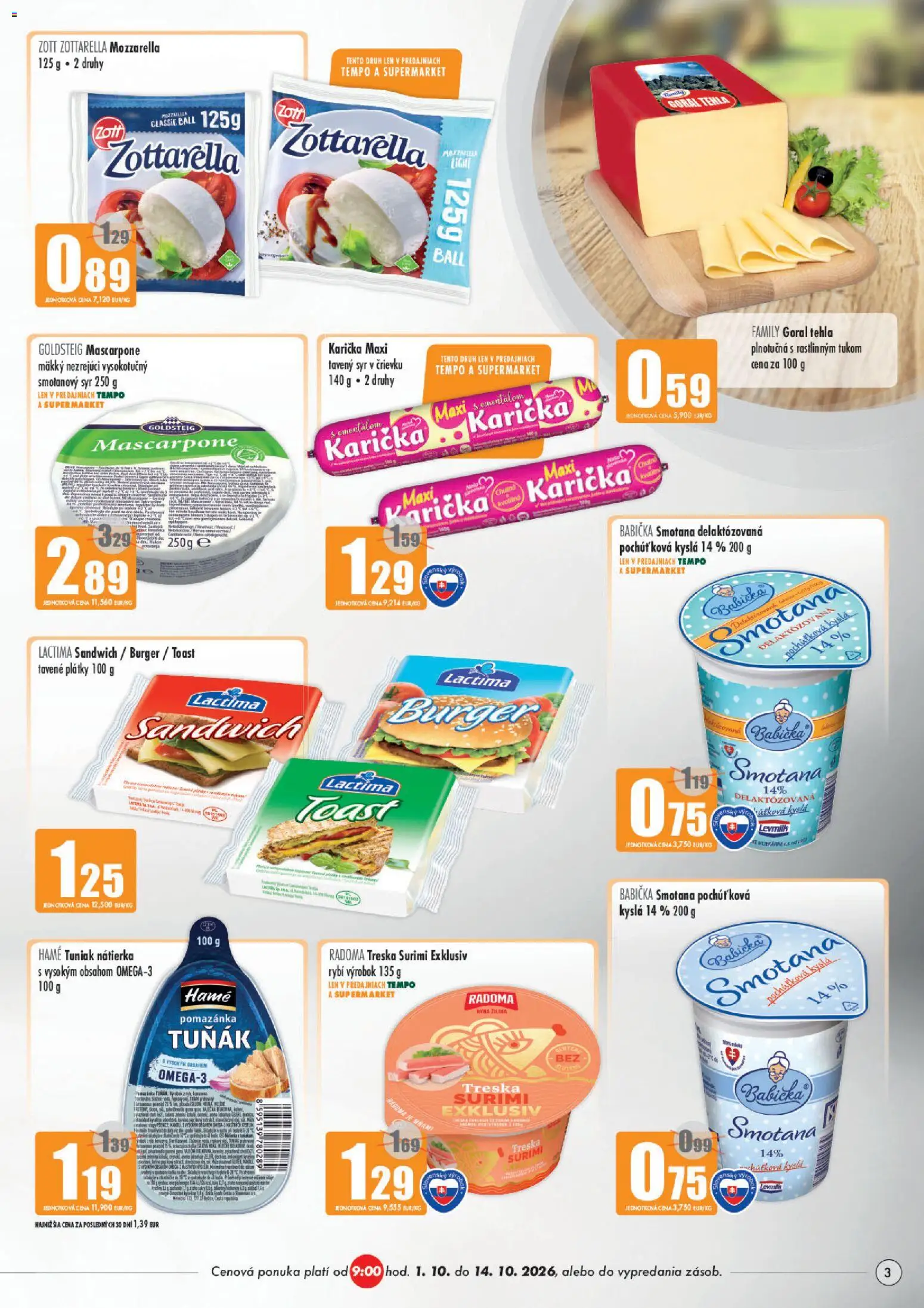 Náhľad COOP Jednota letáku platného od 01.10.2026 - Syr, Mascarpone, Mozzarella, Treska, Tuniak, Smotanový syr, Smotana, Nátierka