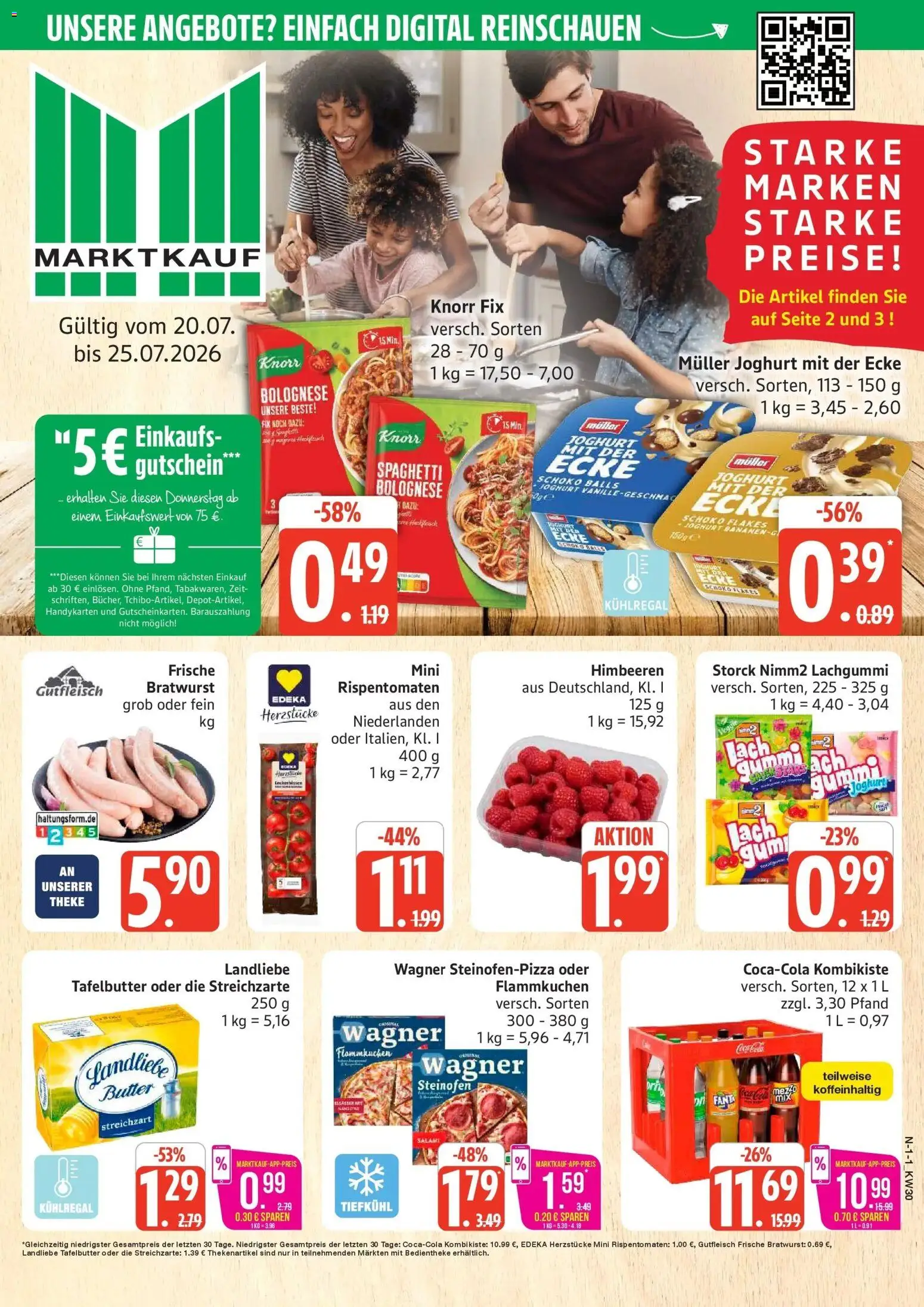 Vorschau von dem Prospekt des Geschäftes Marktkauf, gültig ab dem 20.07.2026 - Butter, Joghurt, Spaghetti, Bratwurst, Himbeeren, Salami, Theke, Knorr fix