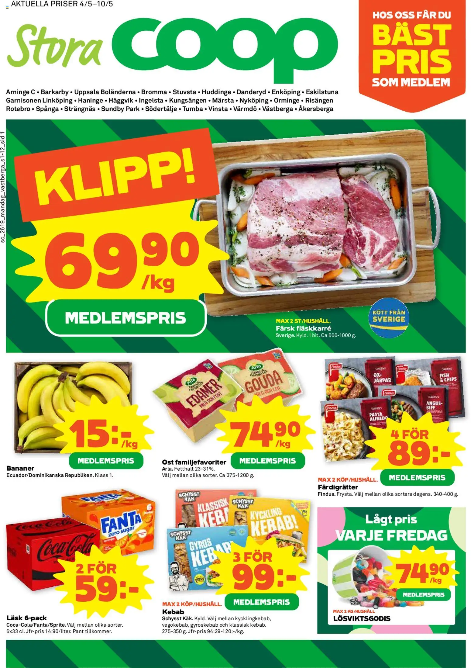 Förhandsgranska reklamblad Coop Forum erbjudanden från butik Coop Forum gäller från 01/05/2026 - Chips, Kött, Bananer, Gouda, Färdigrätter, Edamer, Fläskkarré, Kyckling