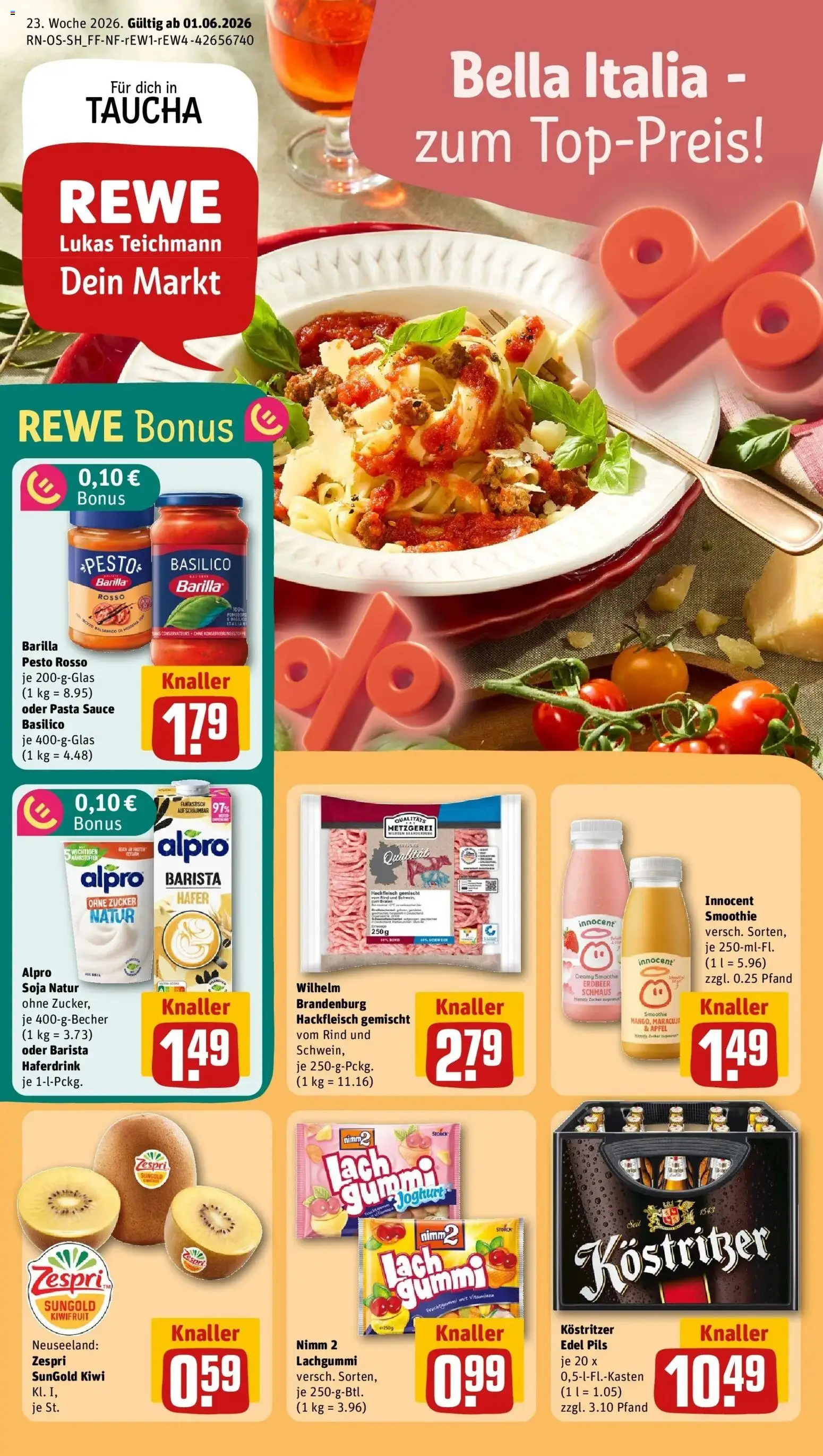 Vorschau von dem Prospekt des Geschäftes Rewe, gültig ab dem 01.06.2026 - Äpfel, Kiwi, Joghurt, Hackfleisch, Zucker, Barilla, Barilla pesto, Haferdrink
