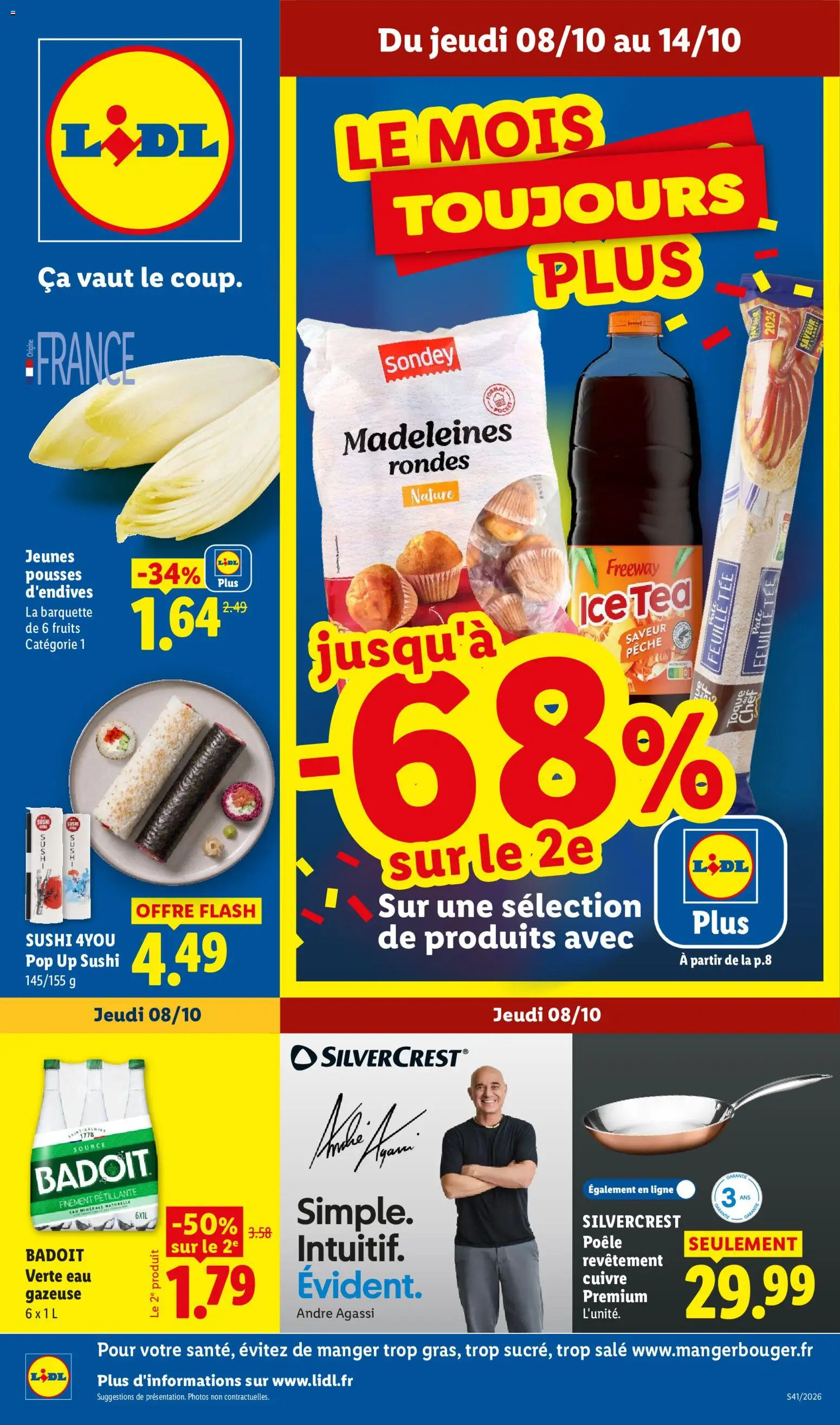 Prévisualisation de LIDL catalogue du magasin LIDL formulaire valide 08/10/2026 - Sushi, Madeleines, Pêche, Pâte feuilletée, Endives, Ice tea, Eau gazeuse, Badoit verte