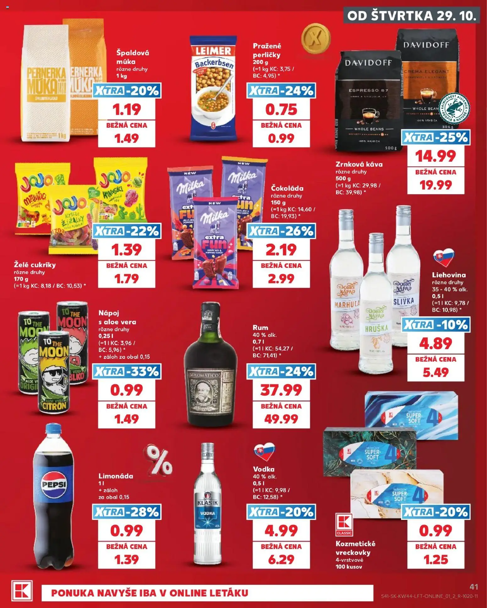 Náhľad Kaufland letáku platného od 29.10.2026 - Aloe Vera, Milka, Zrnková káva, Davidoff, Cukríky, Múka, Vreckovky, Limonáda