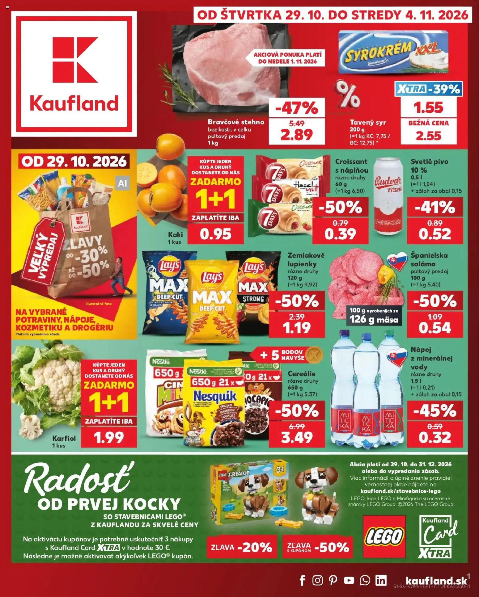 Náhľad Kaufland letáku platného od 29.10.2026 - LEGO, Syr, Croissant, Karfiol, Kaki, Bravčové stehno, Nesquik, Cereálie